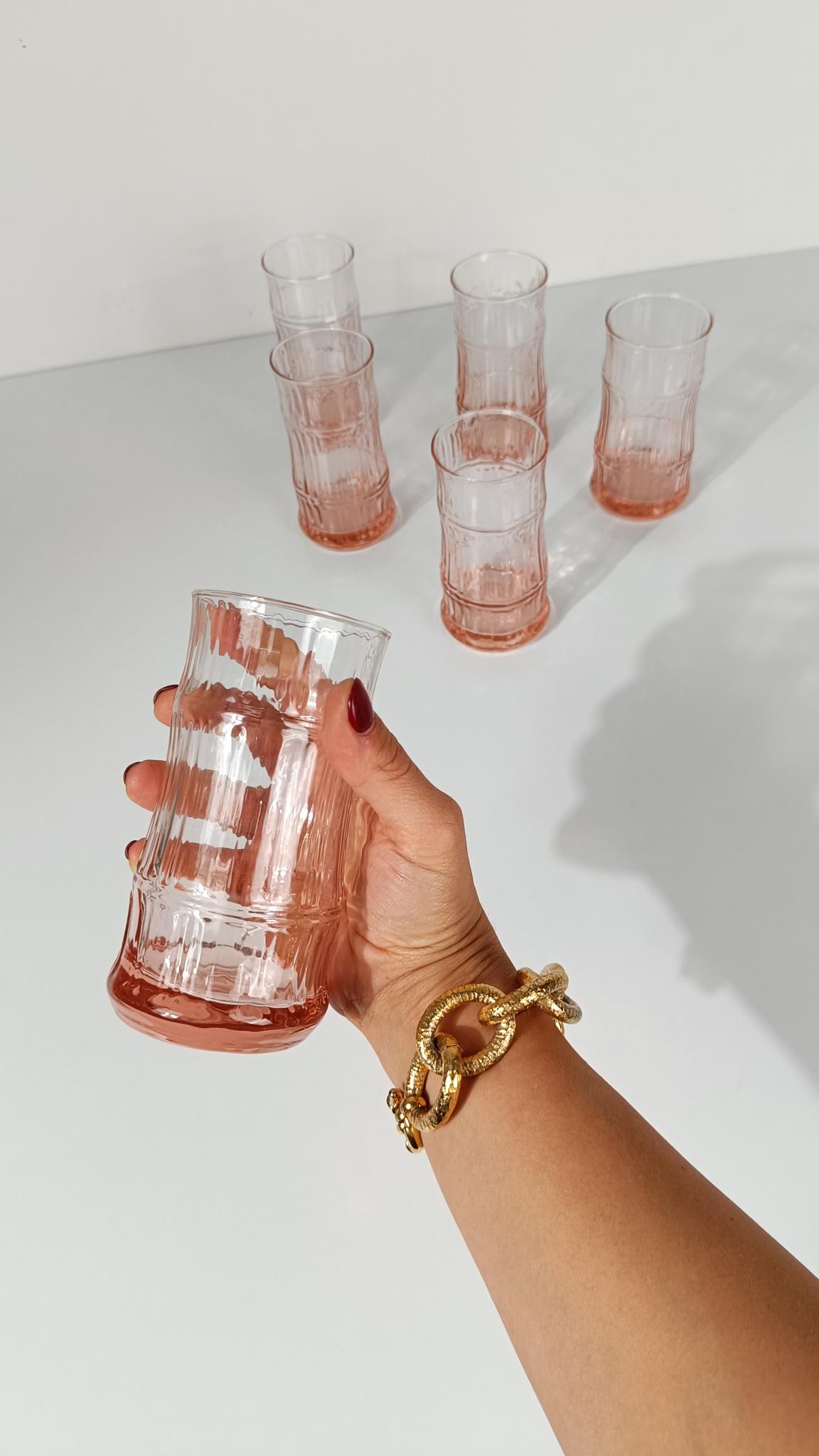 6er Set VintageFaux Bamboo Highball / Bechergläser aus pfirsichrosa Glas, 70er Jahre (Moderne der Mitte des Jahrhunderts) im Angebot