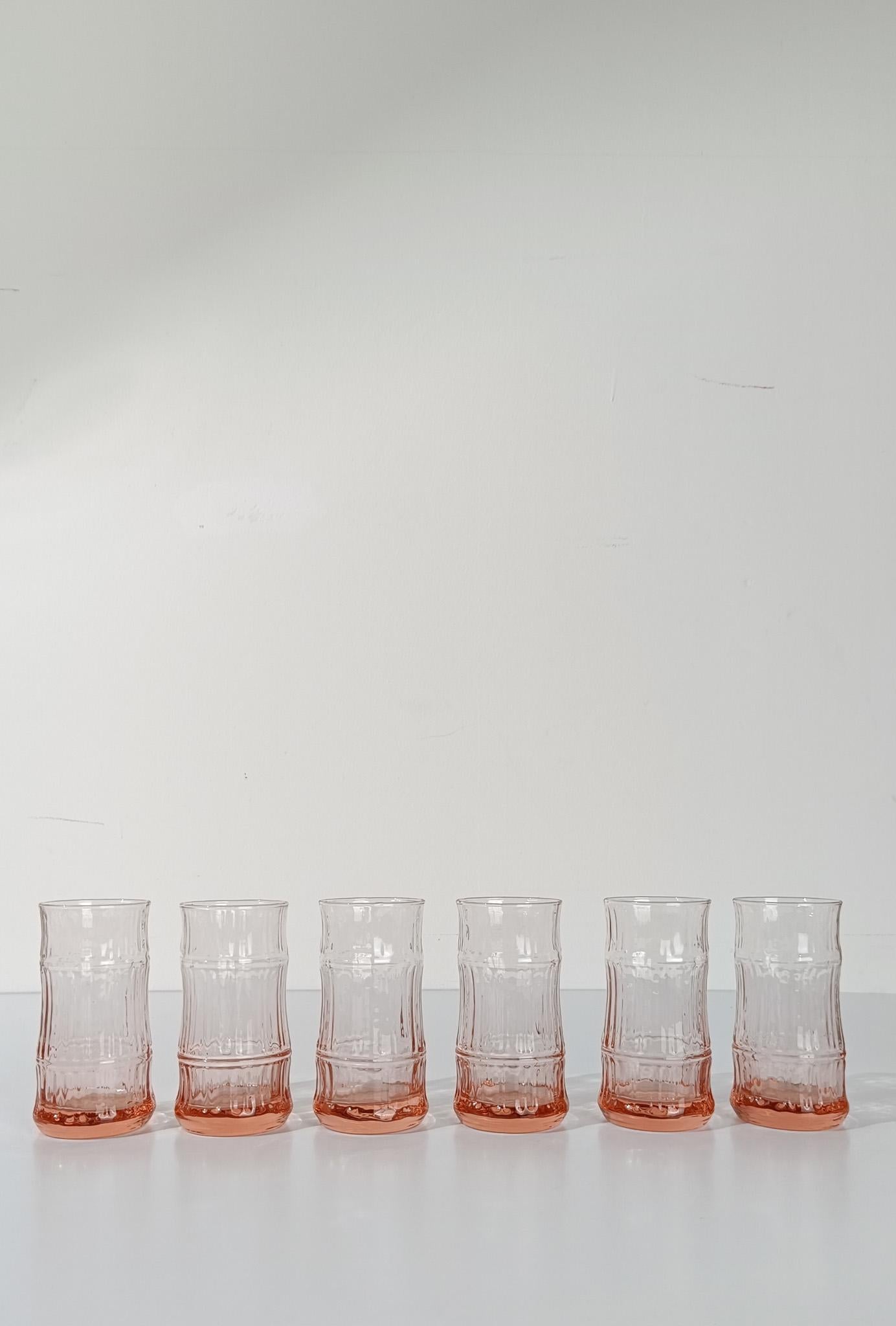 6er Set VintageFaux Bamboo Highball / Bechergläser aus pfirsichrosa Glas, 70er Jahre (20. Jahrhundert) im Angebot