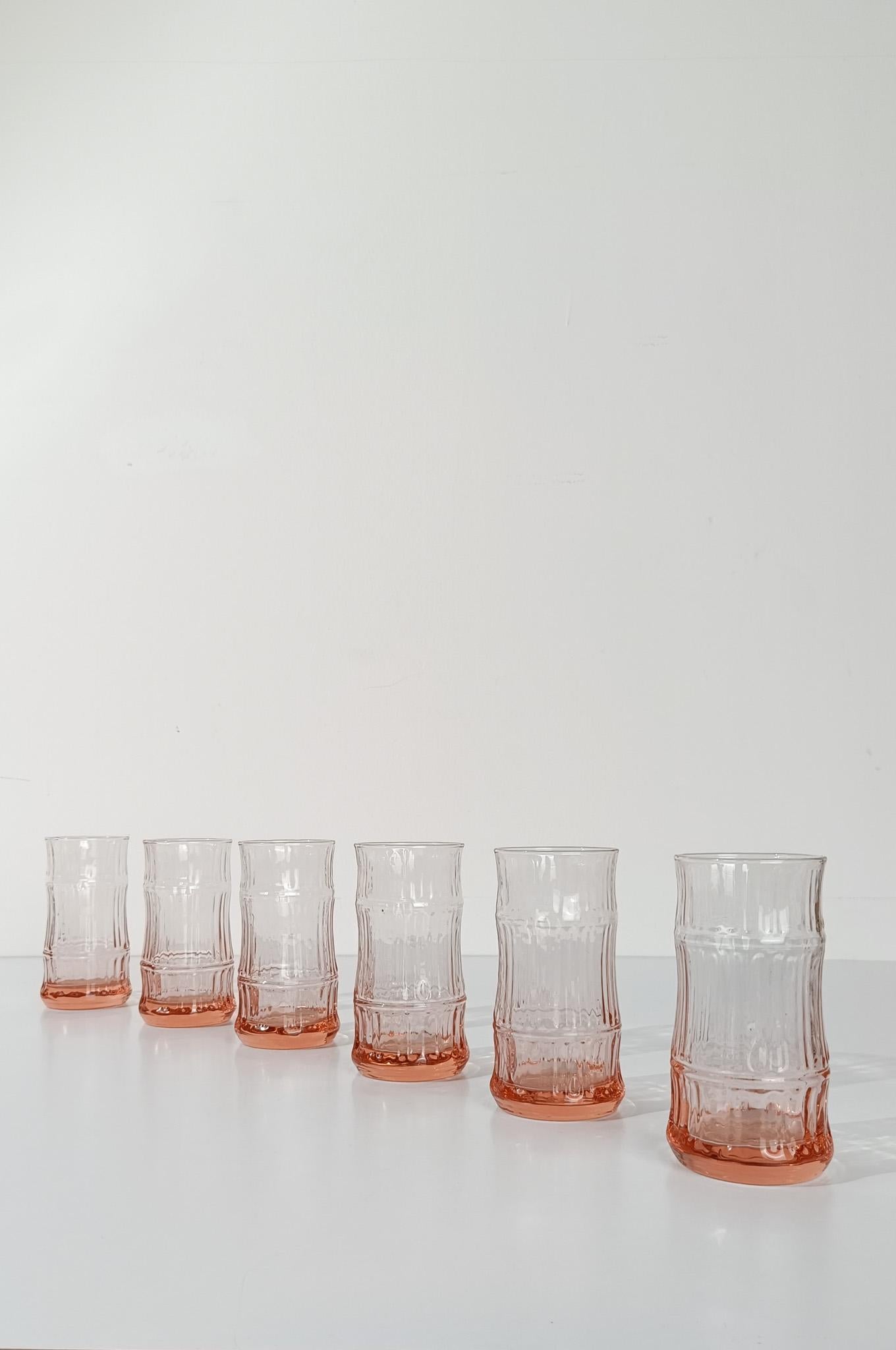 6er Set VintageFaux Bamboo Highball / Bechergläser aus pfirsichrosa Glas, 70er Jahre im Angebot 1