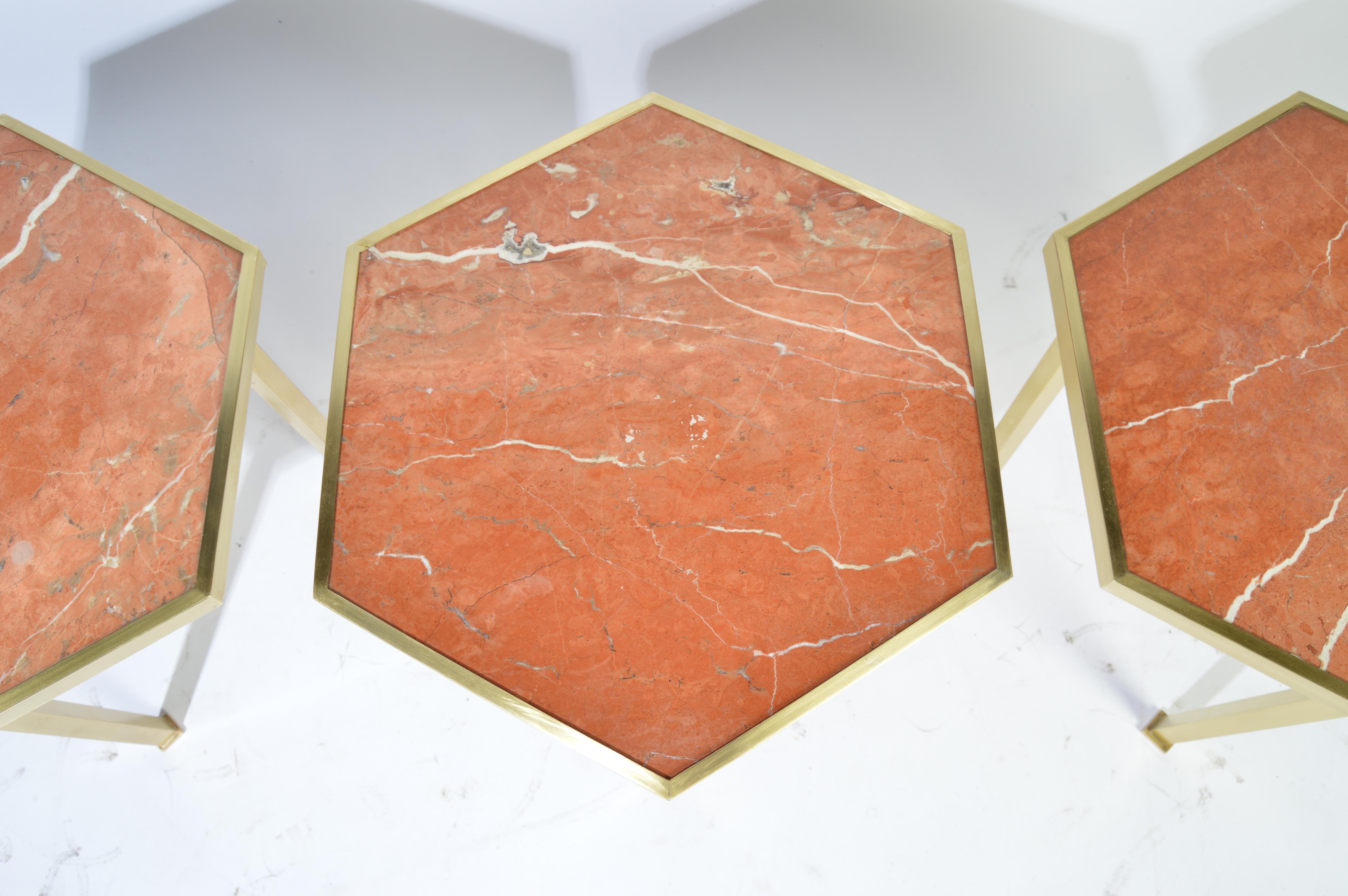 Brass 6 Rojo Alicante Marble Occasional Tables/Plant Stands by William “Billy” Haines