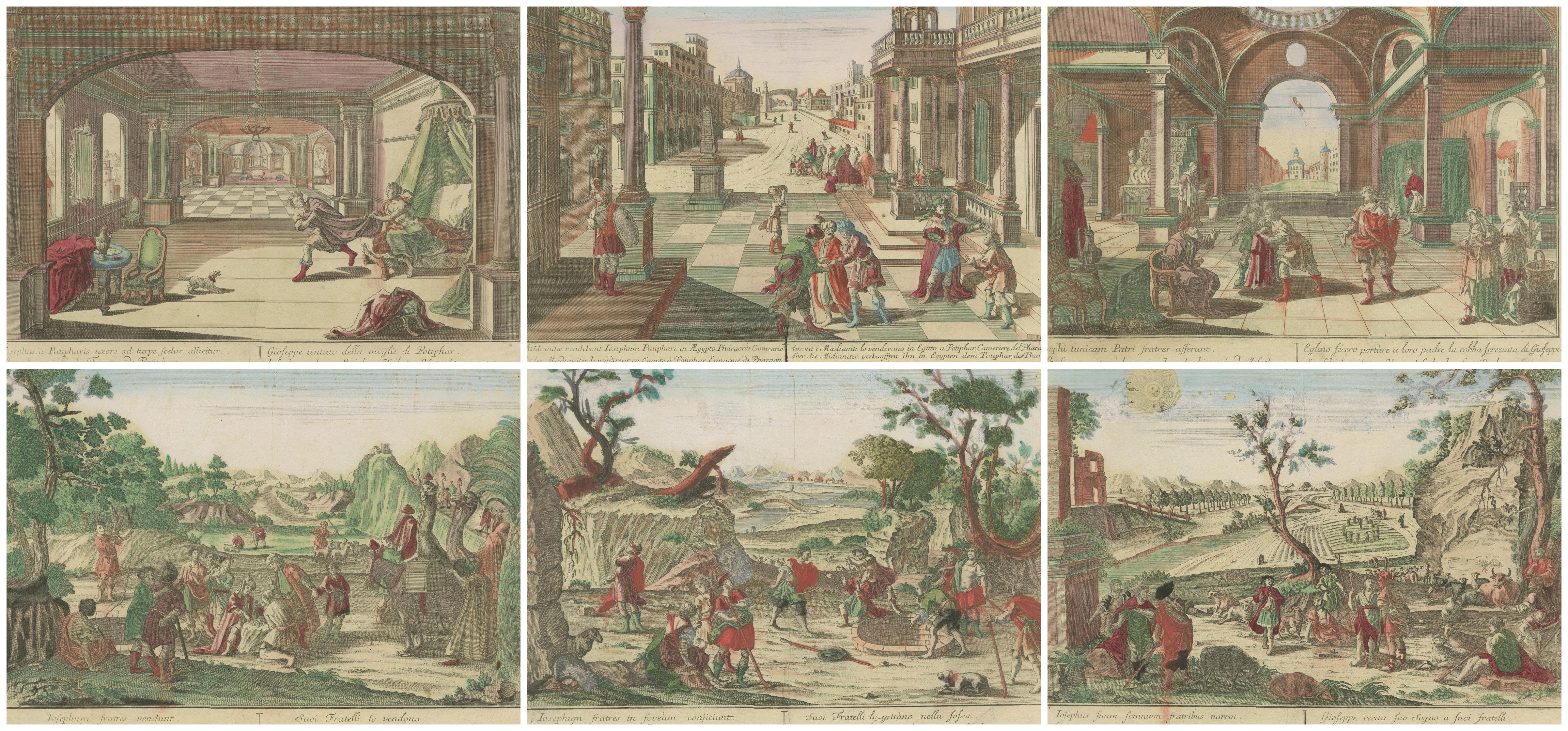 Sechs handkolorierte optische Drucke des Lebens von Joseph - Vue d'Optique Serie von Georg Balthasar Probst, Augsburg, um 1770

Dieses bemerkenswerte und visuell einheitliche Set von sechs handkolorierten 'vues d'optique' illustriert den