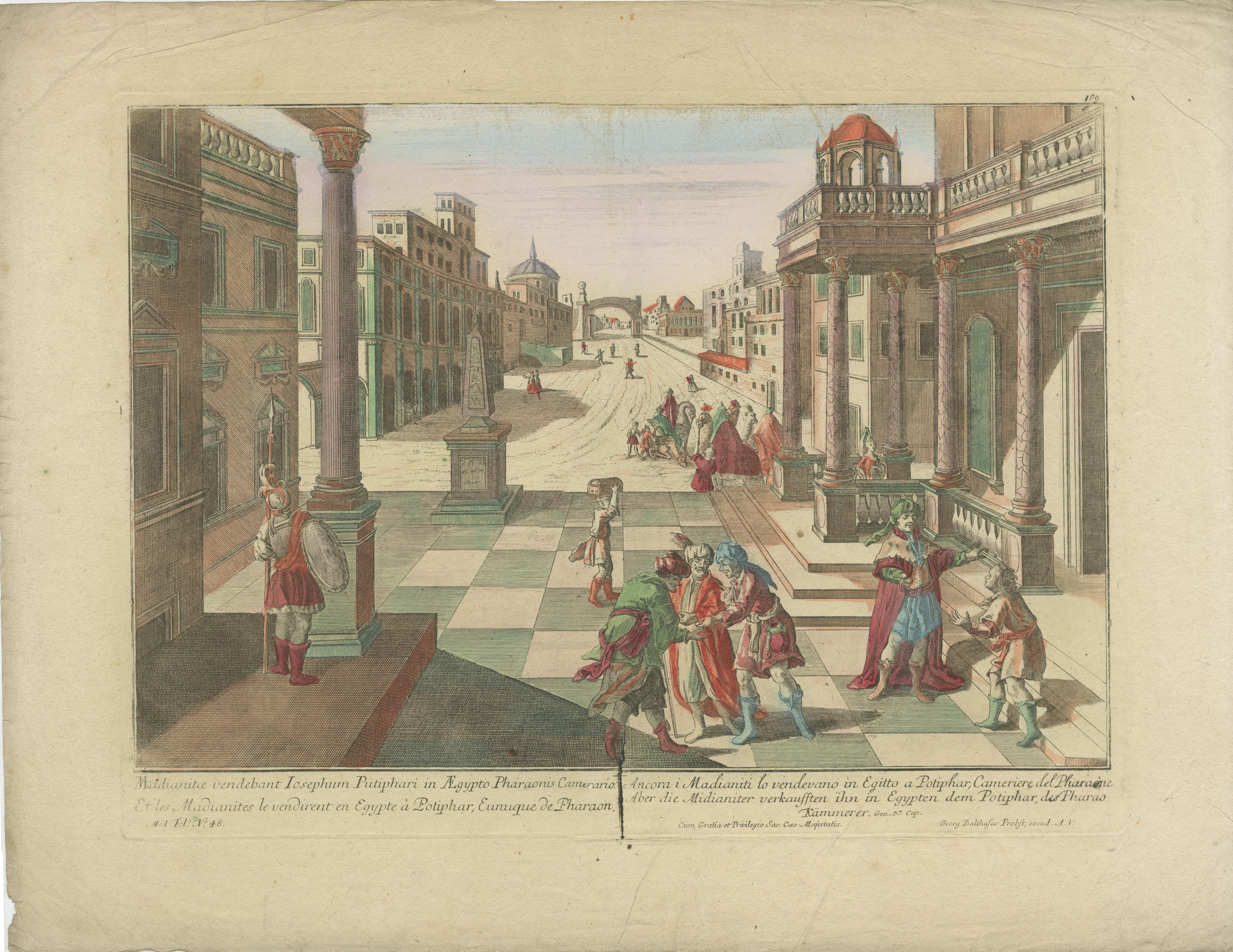 Satz von 6 Vue d'Optique Drucke - Geschichte von Joseph in Ägypten, handkoloriert, um 1770 (18. Jahrhundert) im Angebot