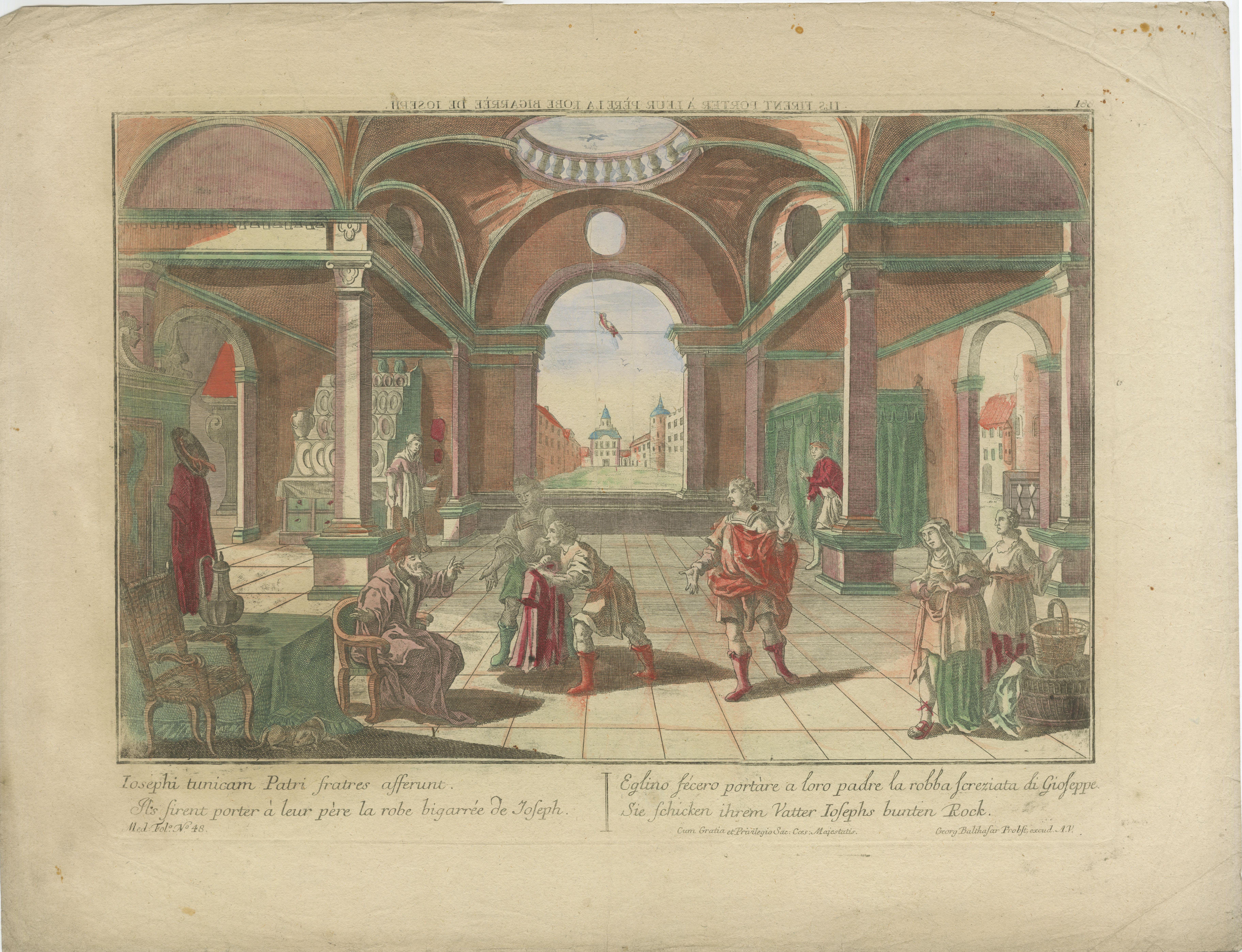 Satz von 6 Vue d'Optique Drucke - Geschichte von Joseph in Ägypten, handkoloriert, um 1770 (Papier) im Angebot