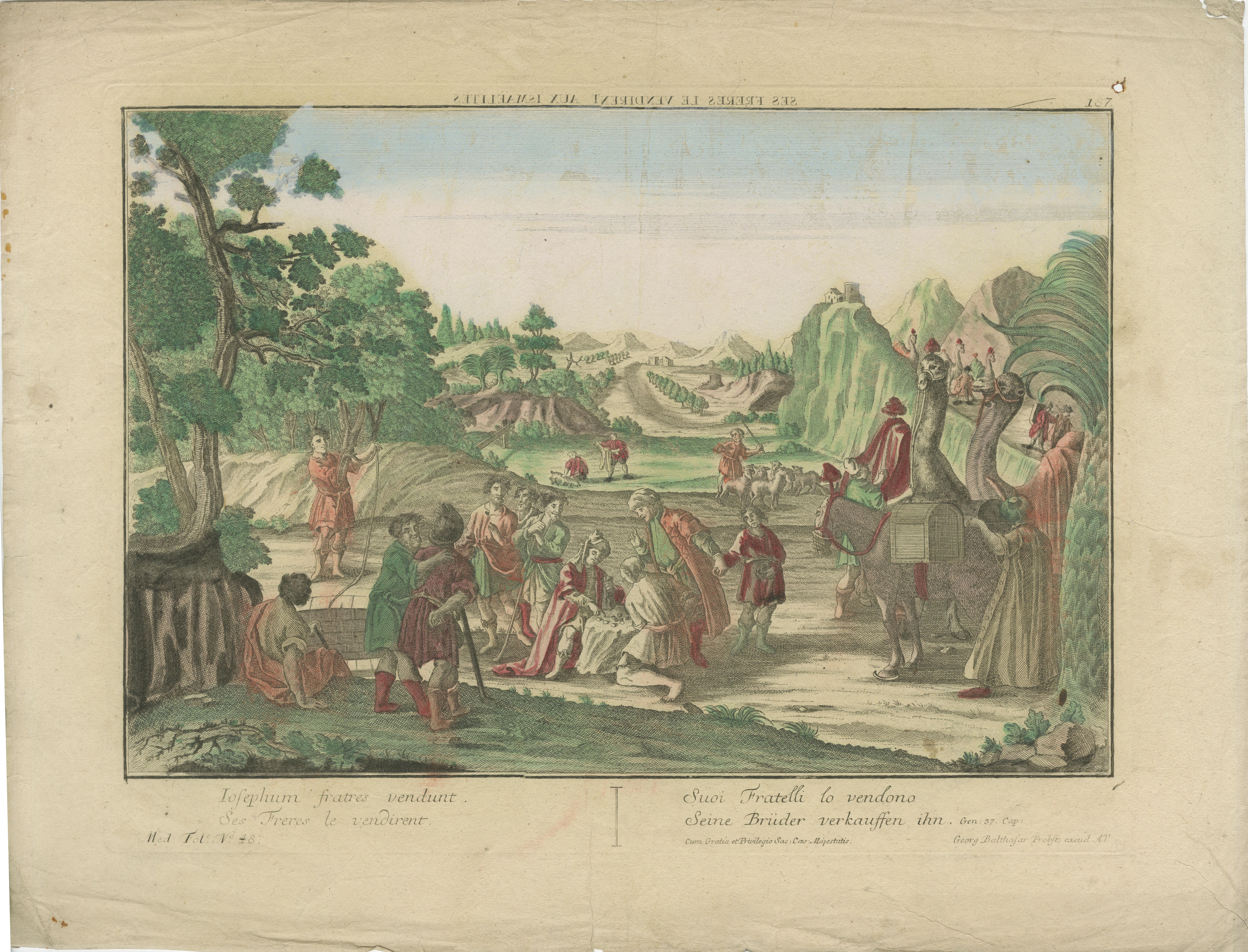 Satz von 6 Vue d'Optique Drucke - Geschichte von Joseph in Ägypten, handkoloriert, um 1770 im Angebot 1