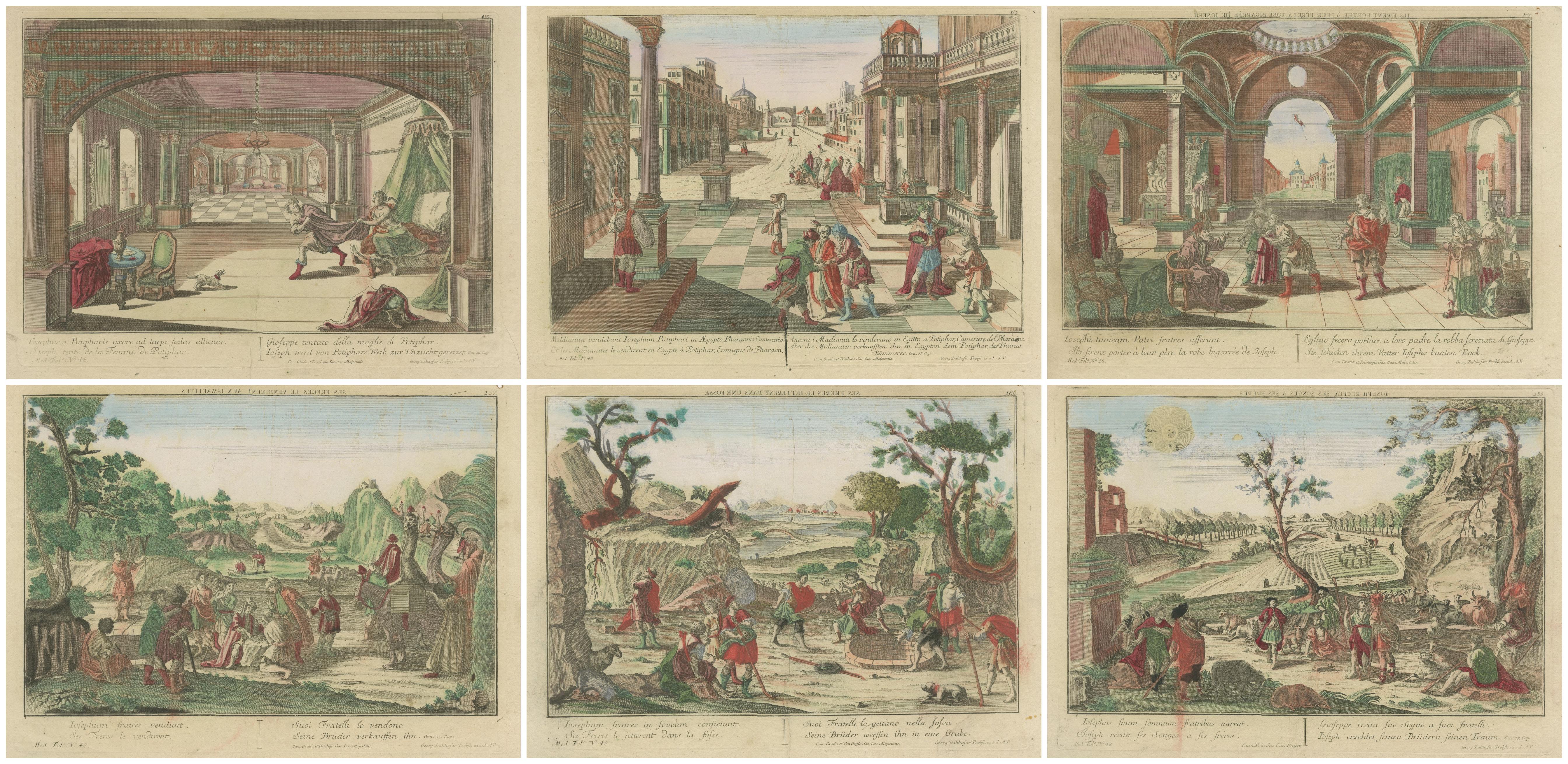 Satz von 6 Vue d'Optique Drucke - Geschichte von Joseph in Ägypten, handkoloriert, um 1770 im Angebot 4