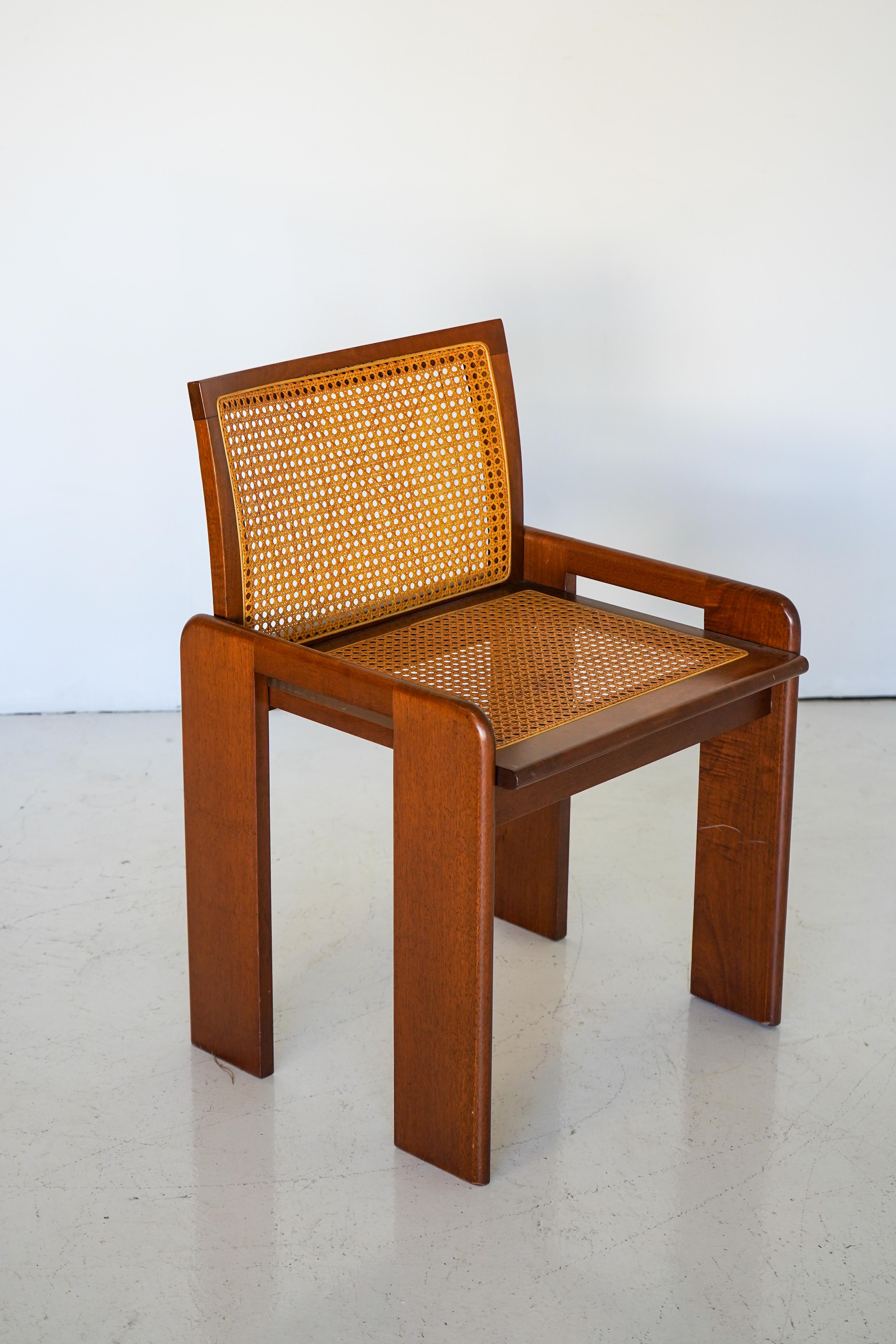 Modern Set of 6 Walnut and Cane Dining Chairs by Luigi Saccardo