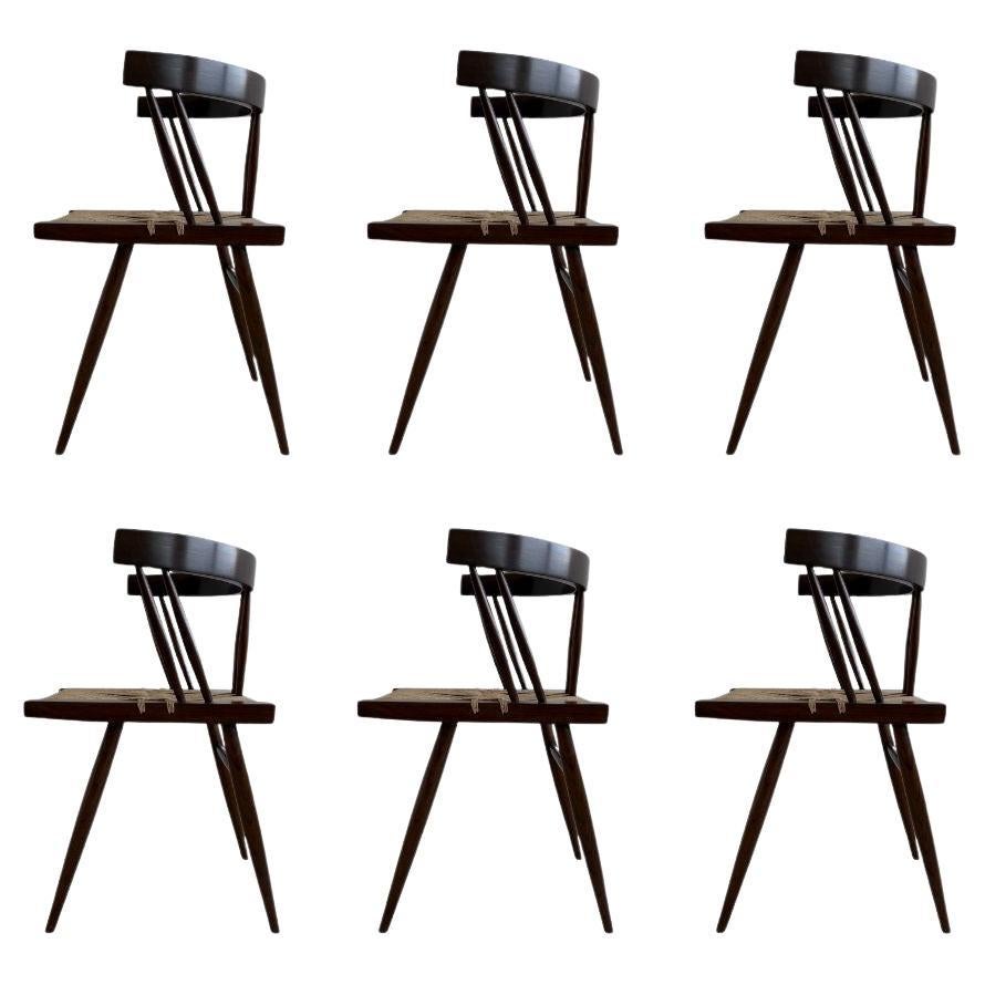 Set of 6 Walnut Grass-Seated Chairs, in Manner of Nakashima, Made in India