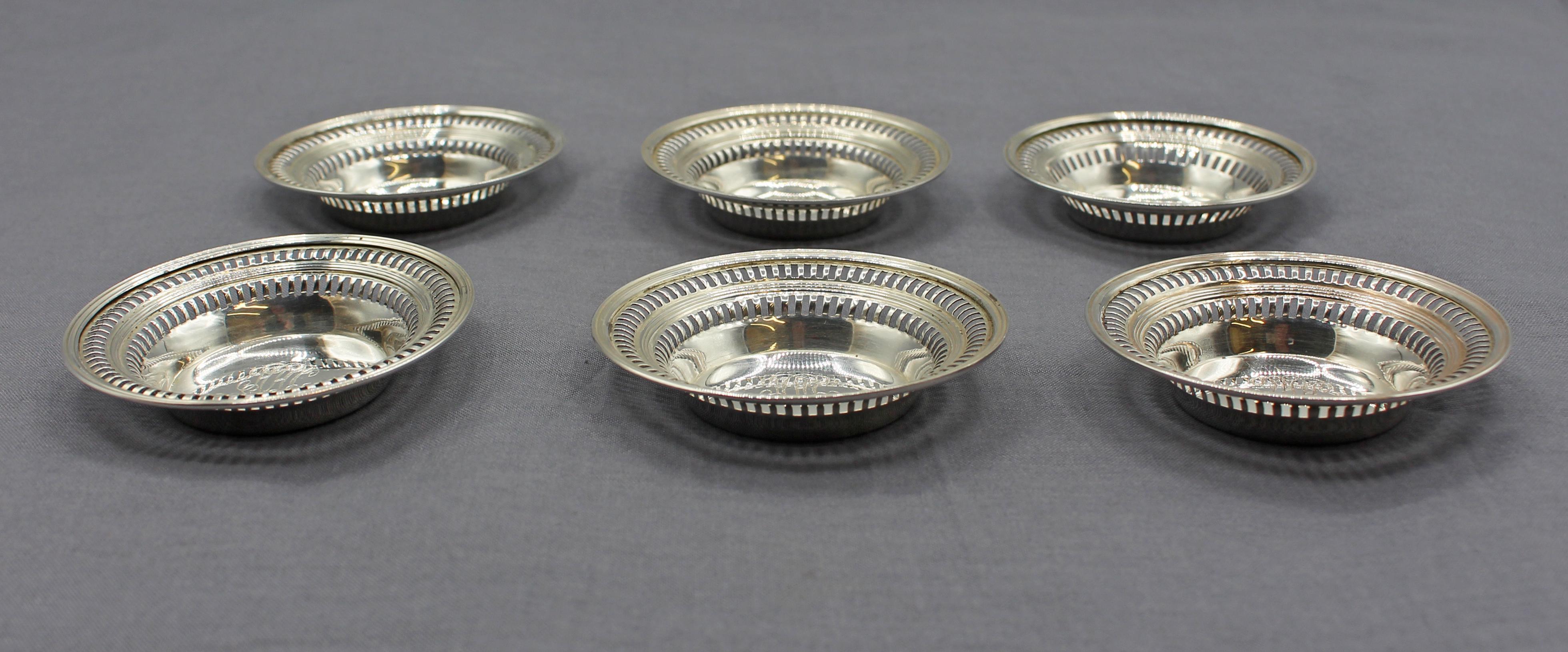 Set of 6 Sterling Silver Individual Nut/Mint Dishes, Watson Co. Round, reticulated between the line borders. Monogram 