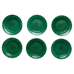 Antique Set of 6 Wedgwood Green Majolica Aesthetic Movement Sunflower Plates