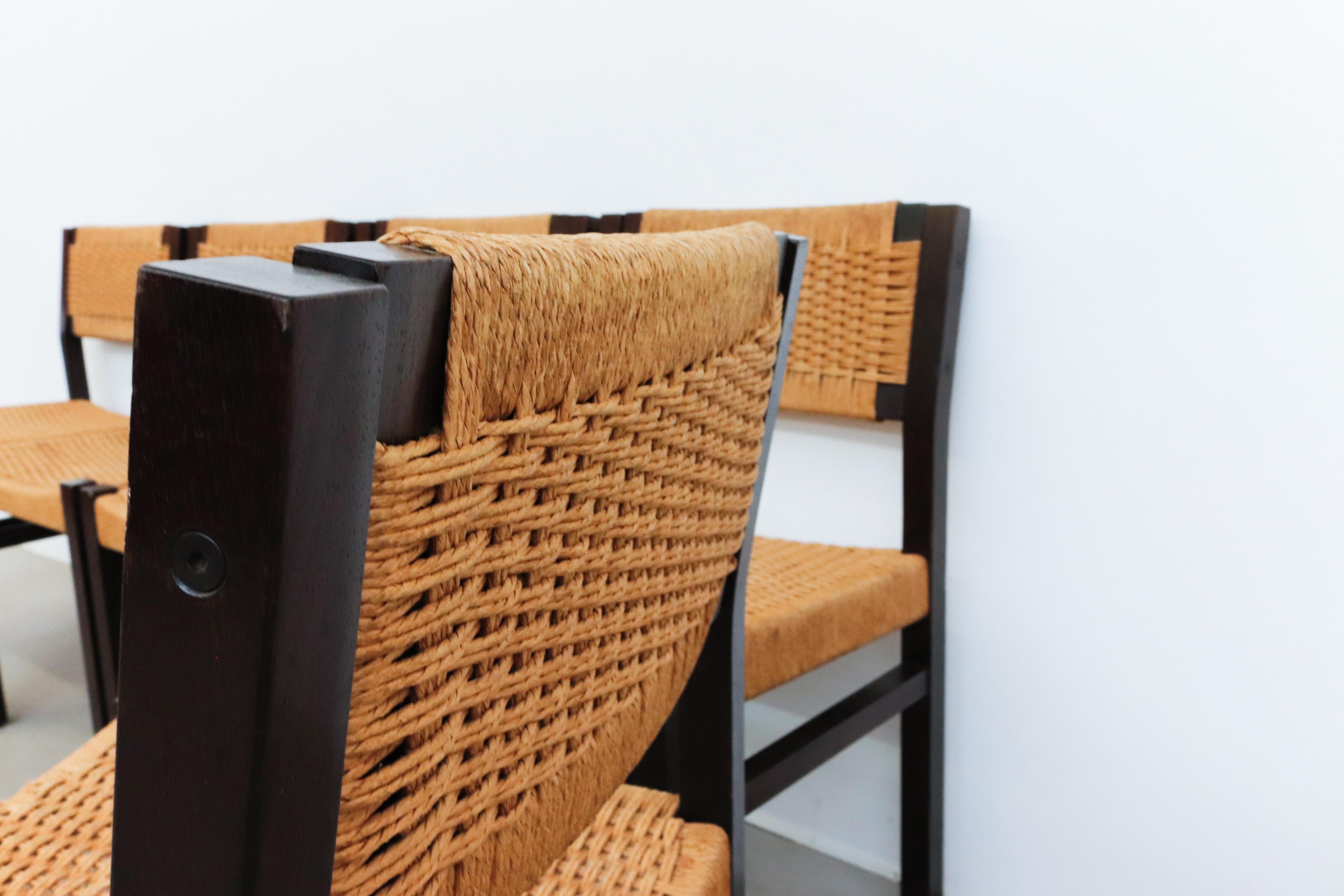 Dutch Set of 6 Wenge & Papercord Dining Chairs by Arnold Merckx for Fristho, 1973
