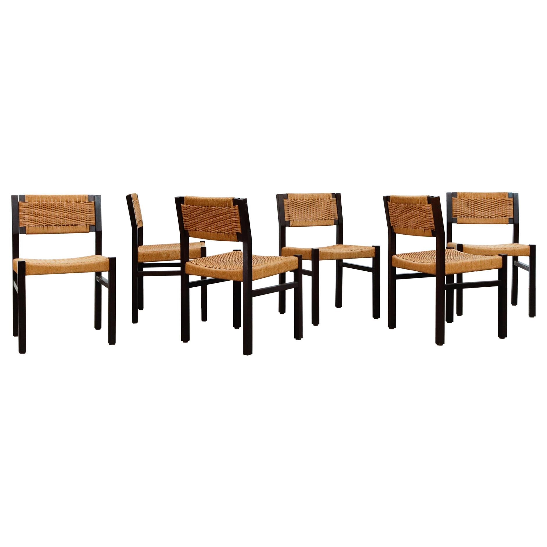 Set of 6 Wenge & Papercord Dining Chairs by Arnold Merckx for Fristho, 1973