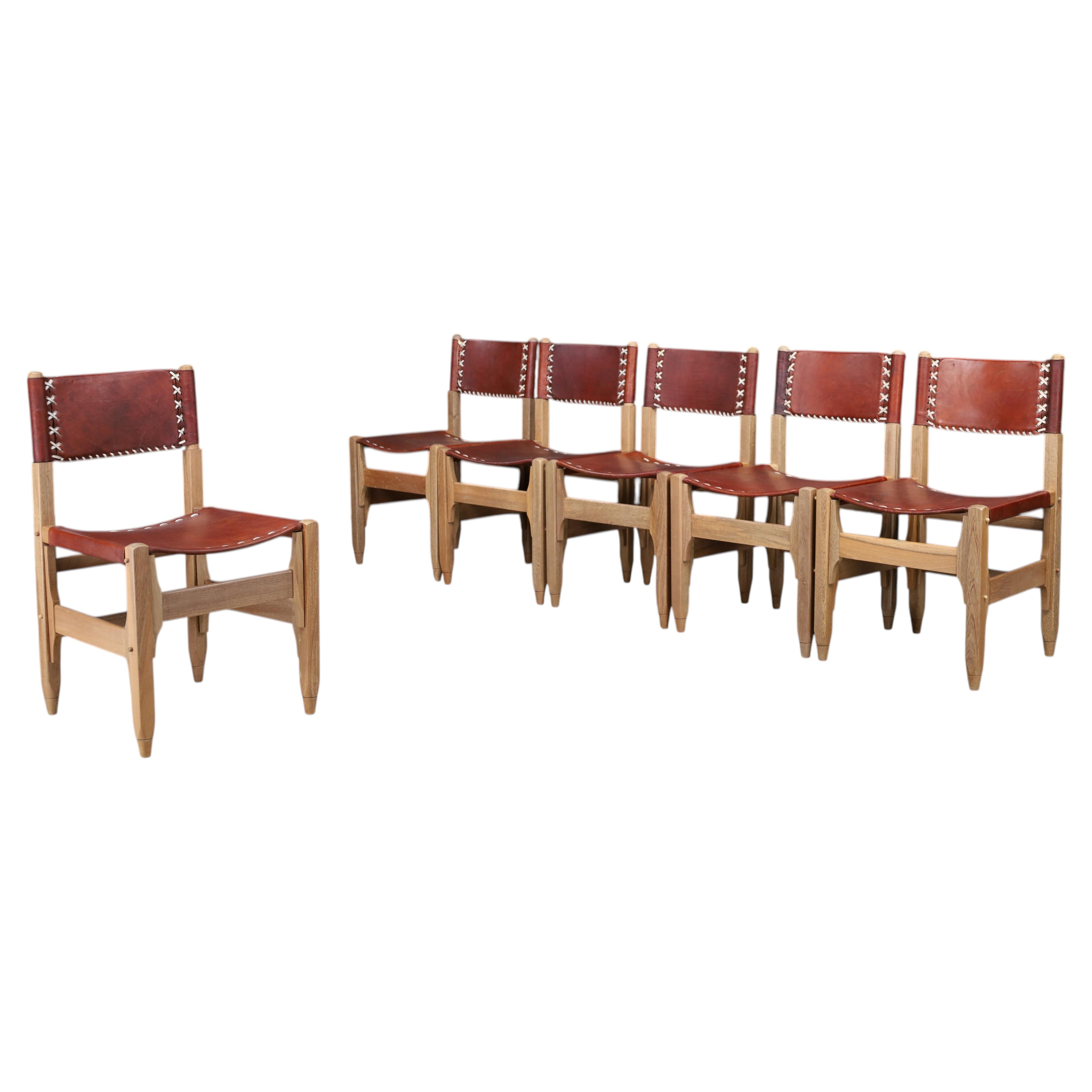 Ensemble de 6 chaises de salle à manger Werner Biermann en Oak Oak et cuir Saddle, Arte Sano 1960