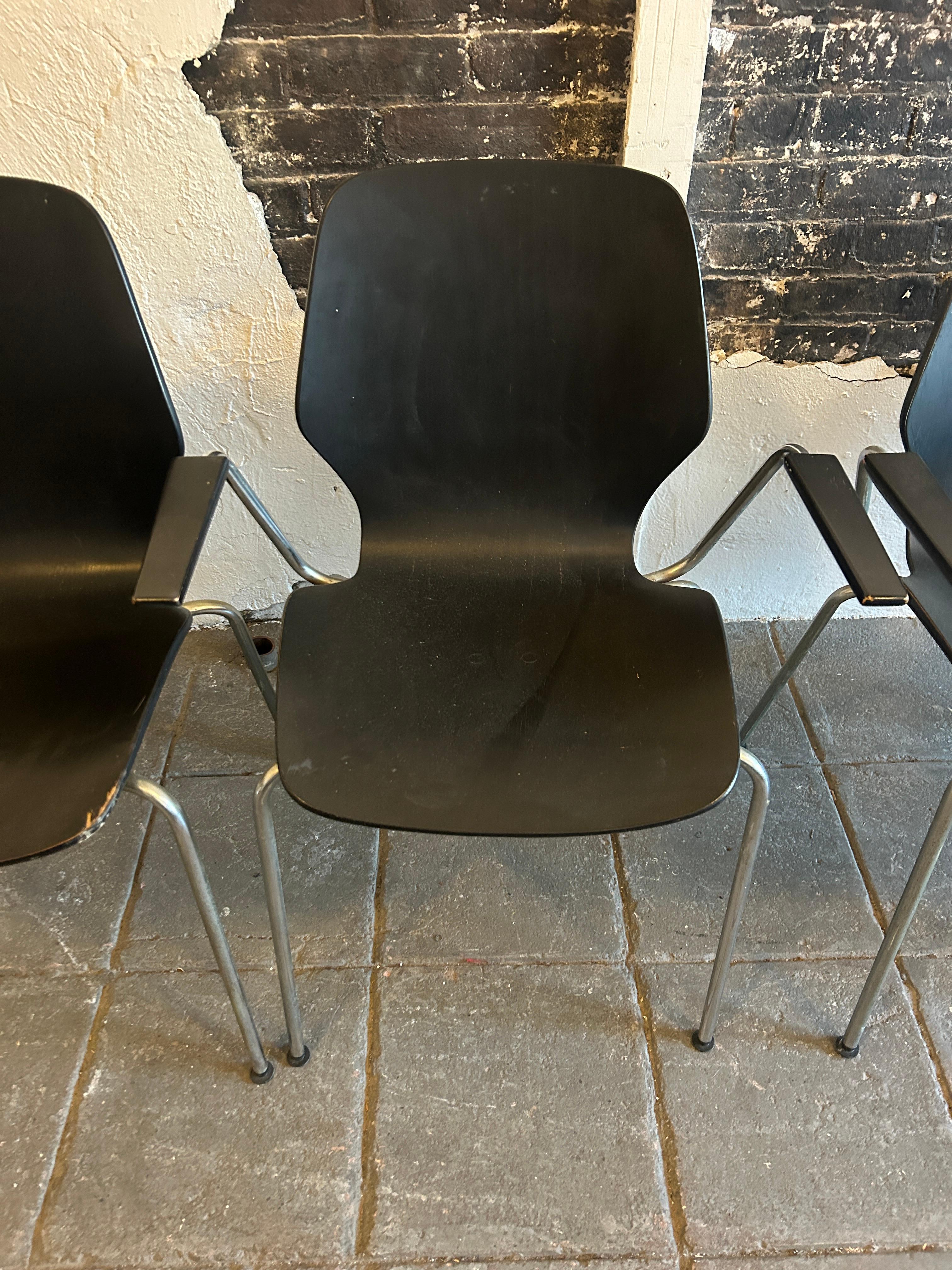 Set of 6 westnofa black Lacquer bentwood dining chairs made in Norway. Great all original set of bentwood Westnofa dining chairs that have zinc coated bent steel tube legs with black plastic feet caps. Two of the chairs are arm chairs with sculpted