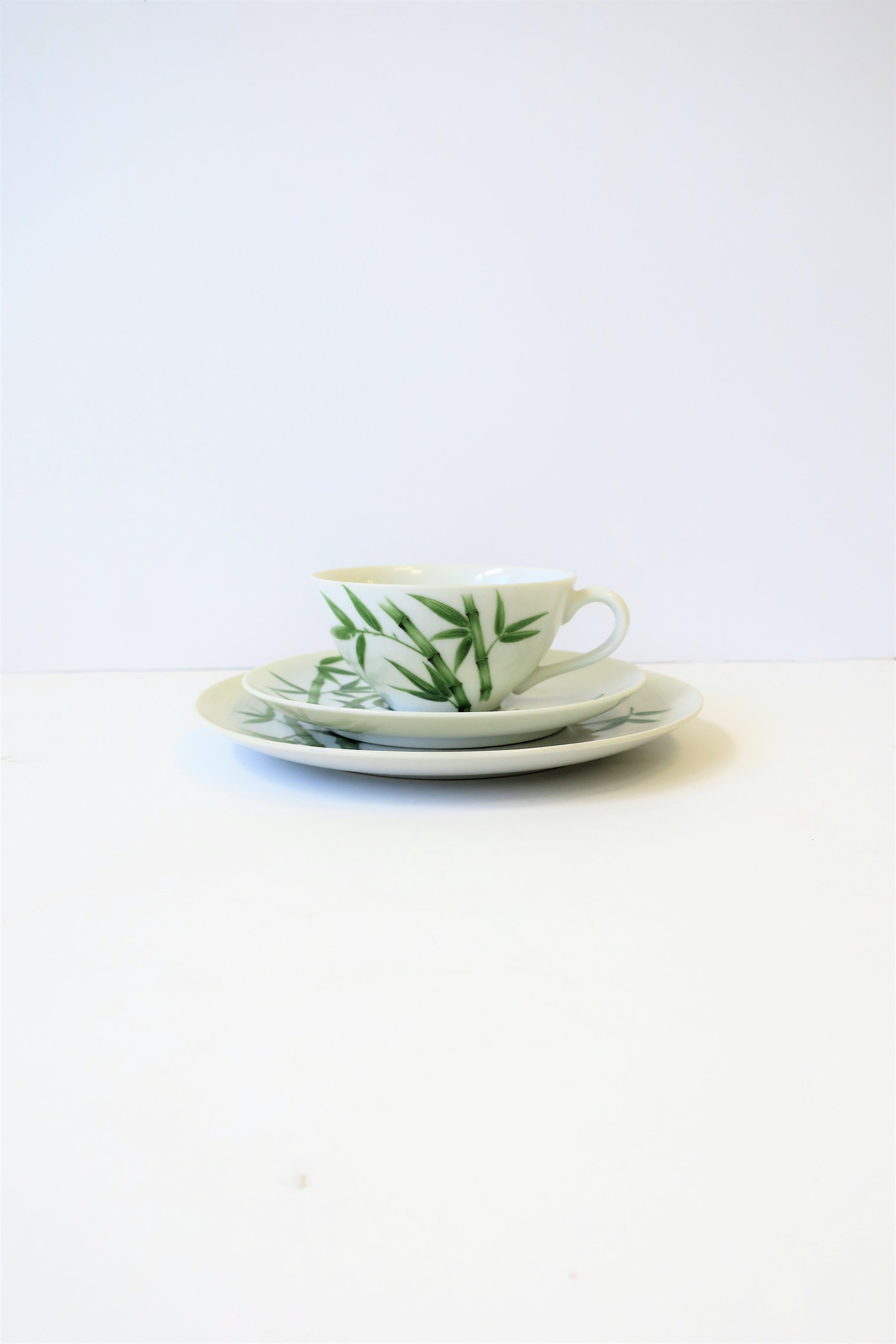 Glazed Bamboo White & Green Porcelain Lunch Dessert Tea/Coffee Dining Set of 6