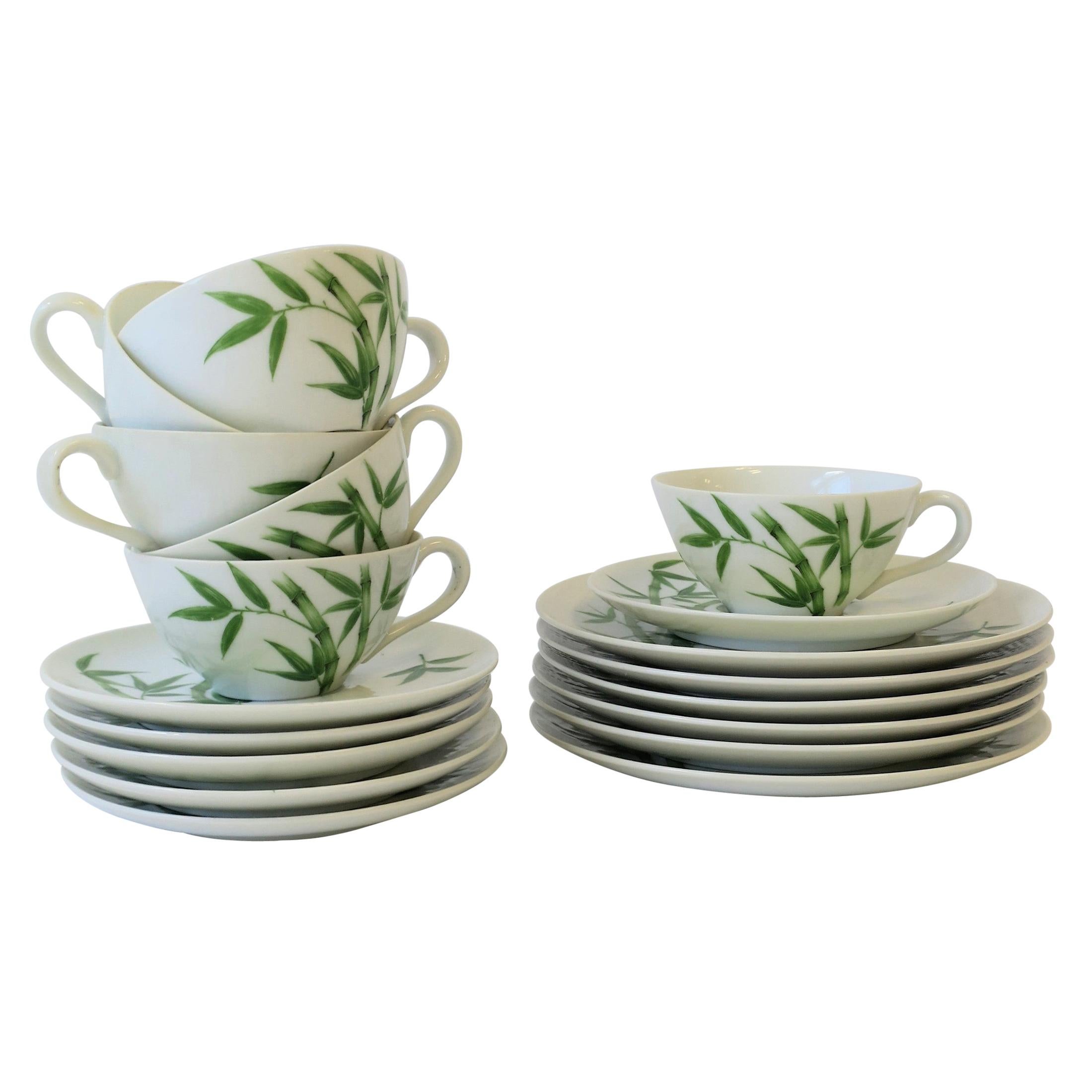 Bamboo White & Green Porcelain Lunch Dessert Tea/Coffee Dining Set of 6
