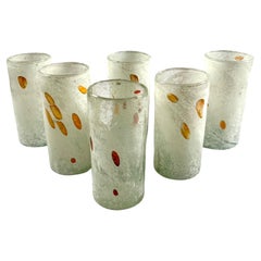 Set of 6 White and Orange Speckled Glass Water Tumblers - Contemporary