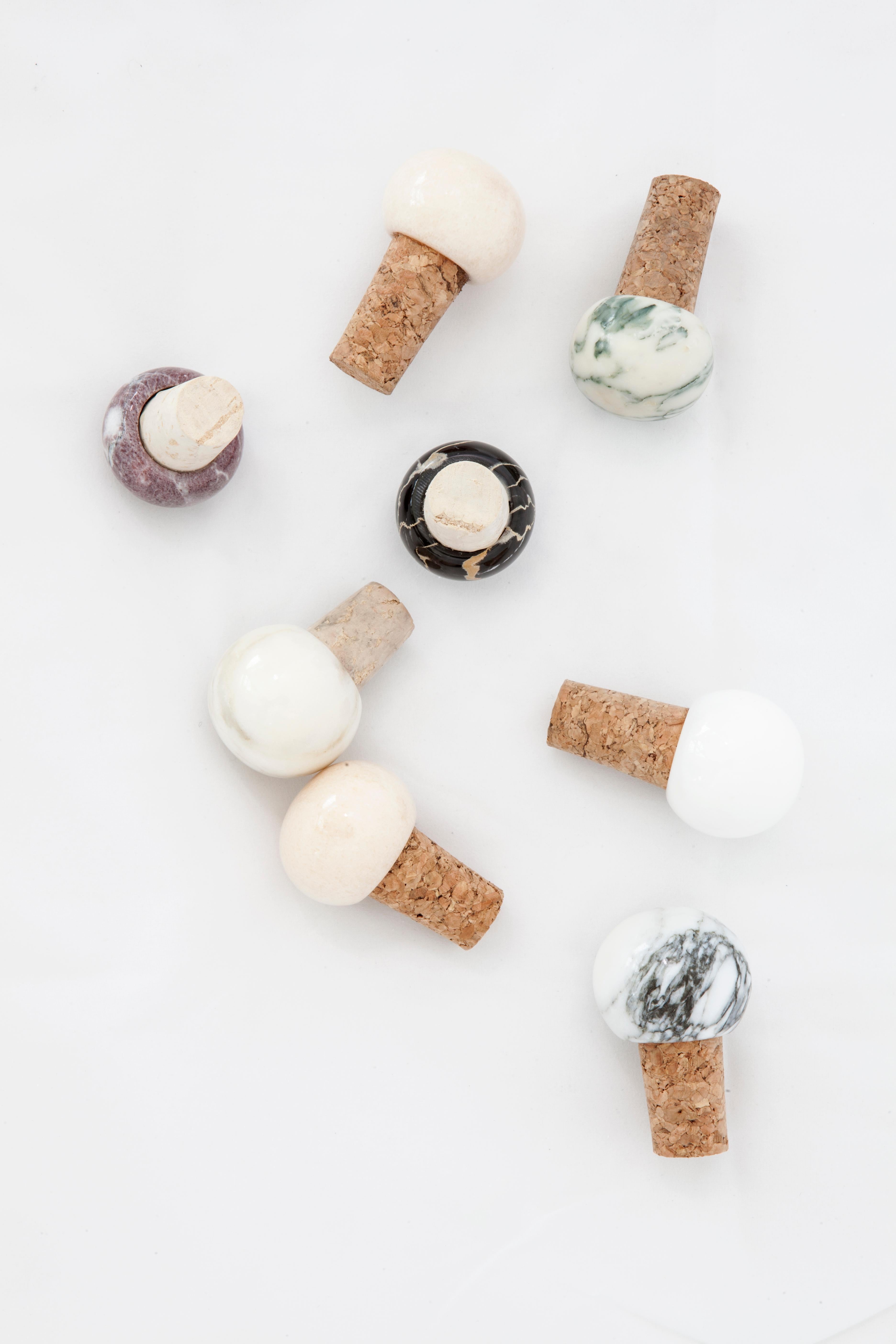 Italian Handmade Set of 6 White Carrara Marble and Cork Wine Bottle Stoppers For Sale