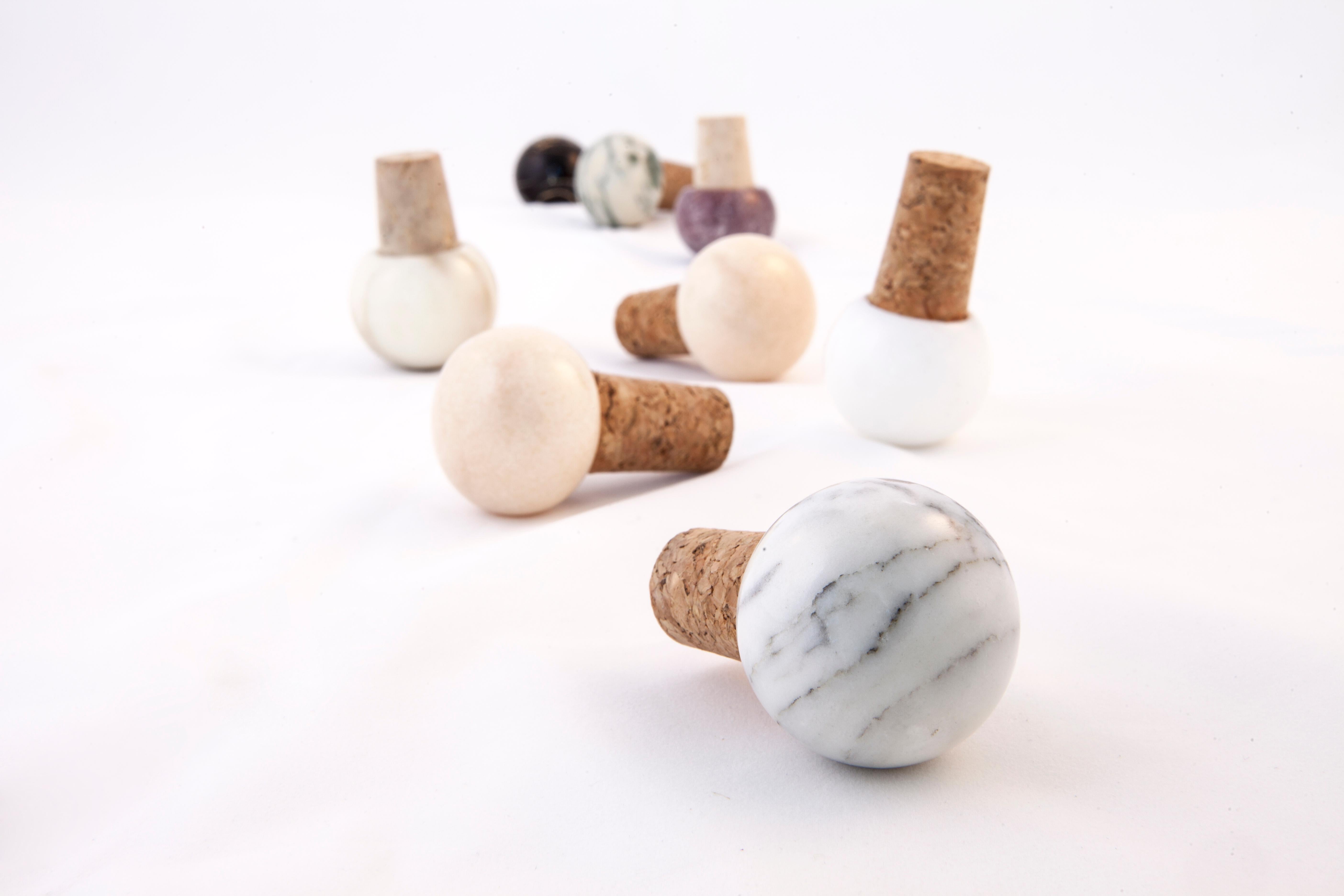 Hand-Crafted Handmade Set of 6 White Carrara Marble and Cork Wine Bottle Stoppers For Sale