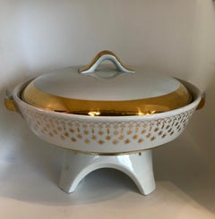 Set of 6 White & Gilt Porcelain Bowls & Coordinating Fondue / Chafing Pot & Lid