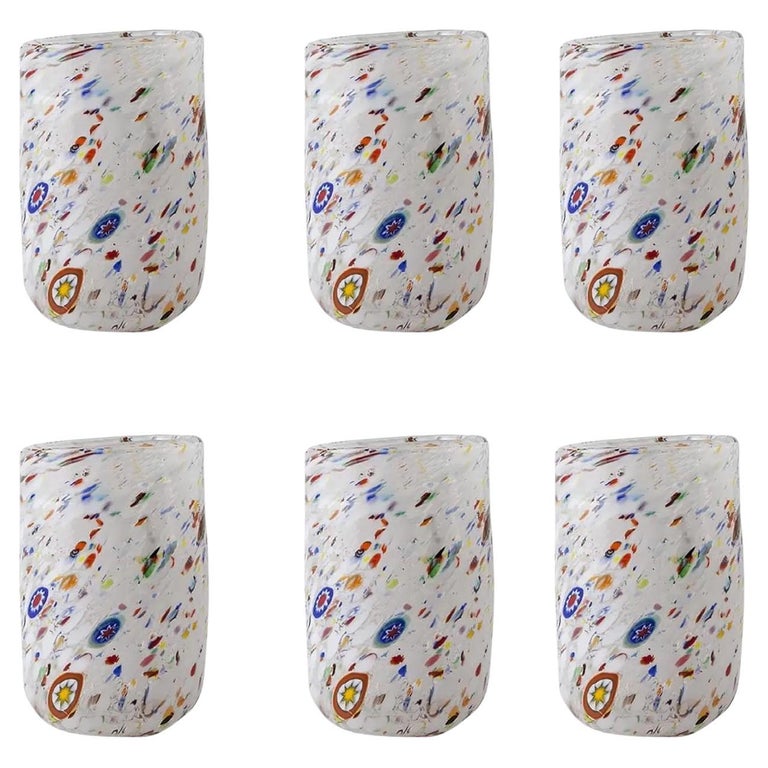 Set of 6 White Handmade Unique Goto Murano Drinking Glasses For Sale at