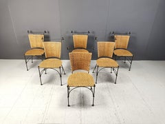 Set di 6 sedie da bistrot in vimini e ferro battuto, anni '60