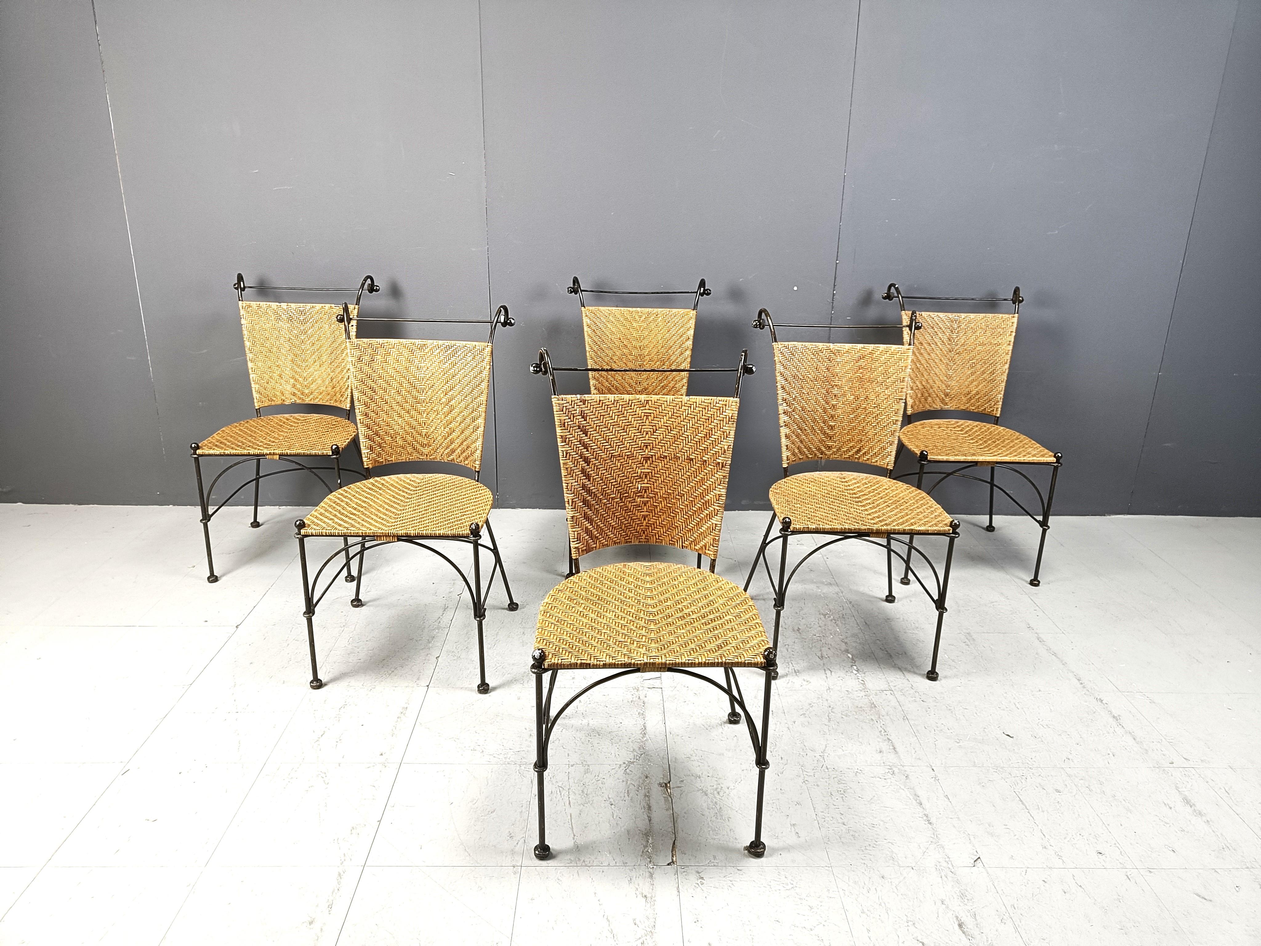 Mid-Century Modern Set of 6 wicker and wrought iron bistro chairs, 1960s