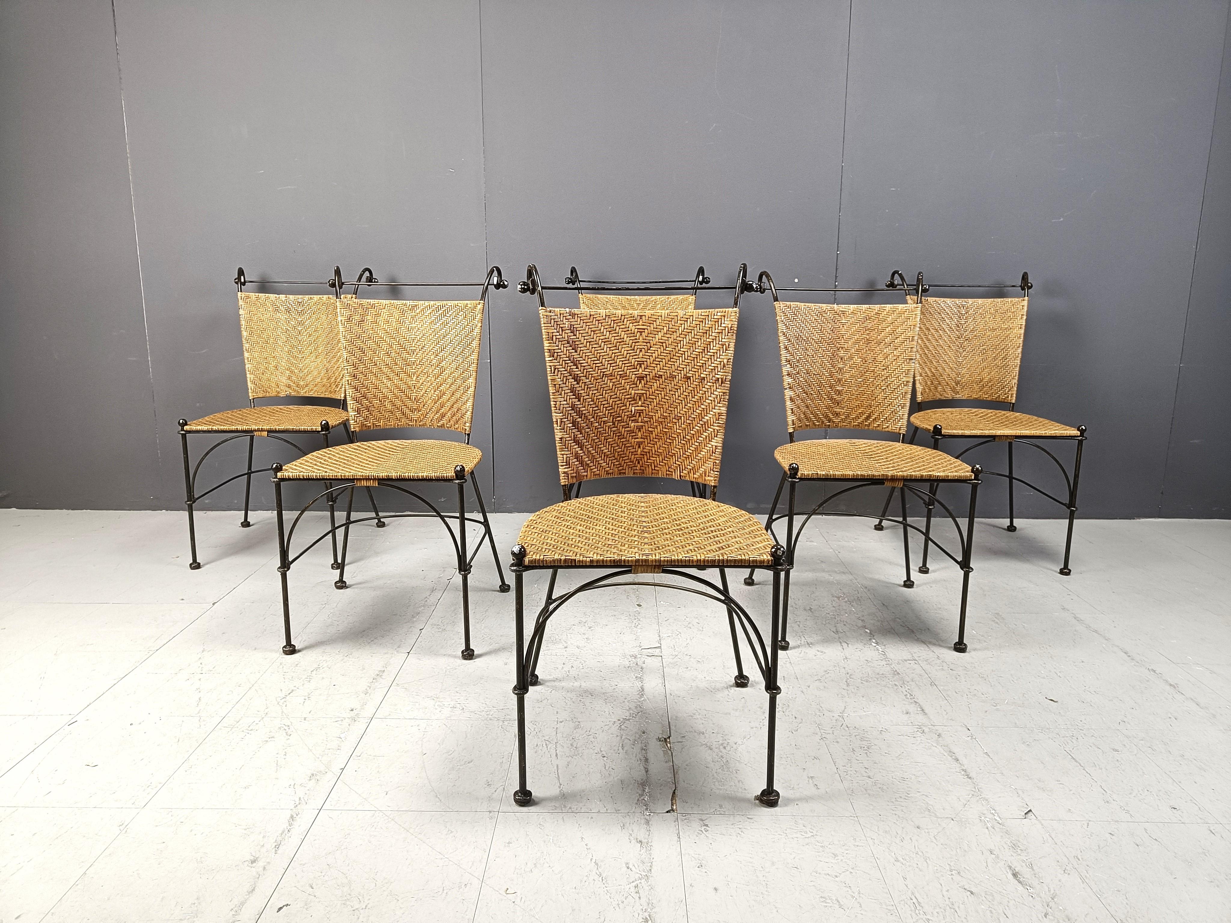 French Set of 6 wicker and wrought iron bistro chairs, 1960s