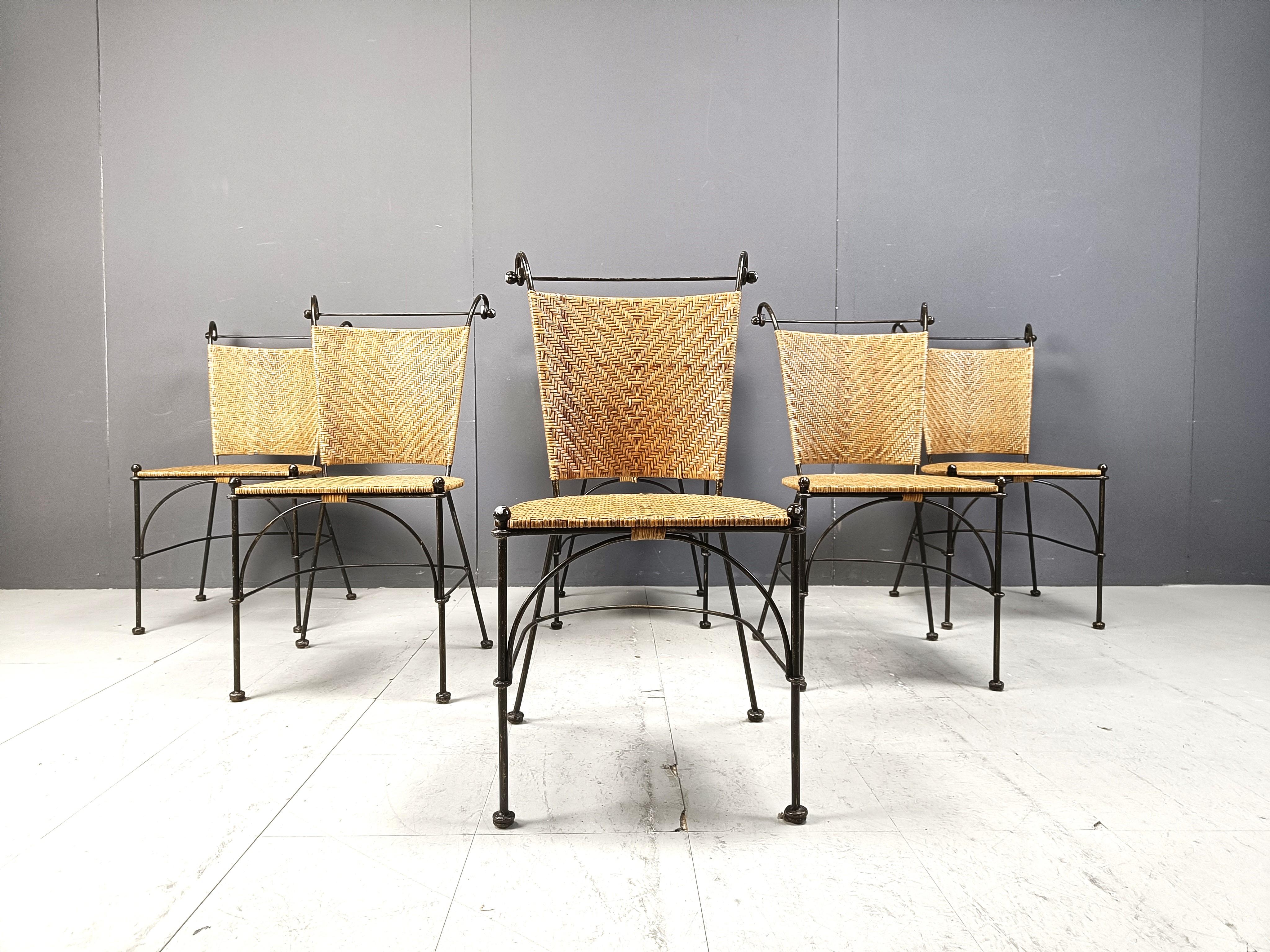 Set of 6 wicker and wrought iron bistro chairs, 1960s In Excellent Condition In Leuven, Vlaams Gewest