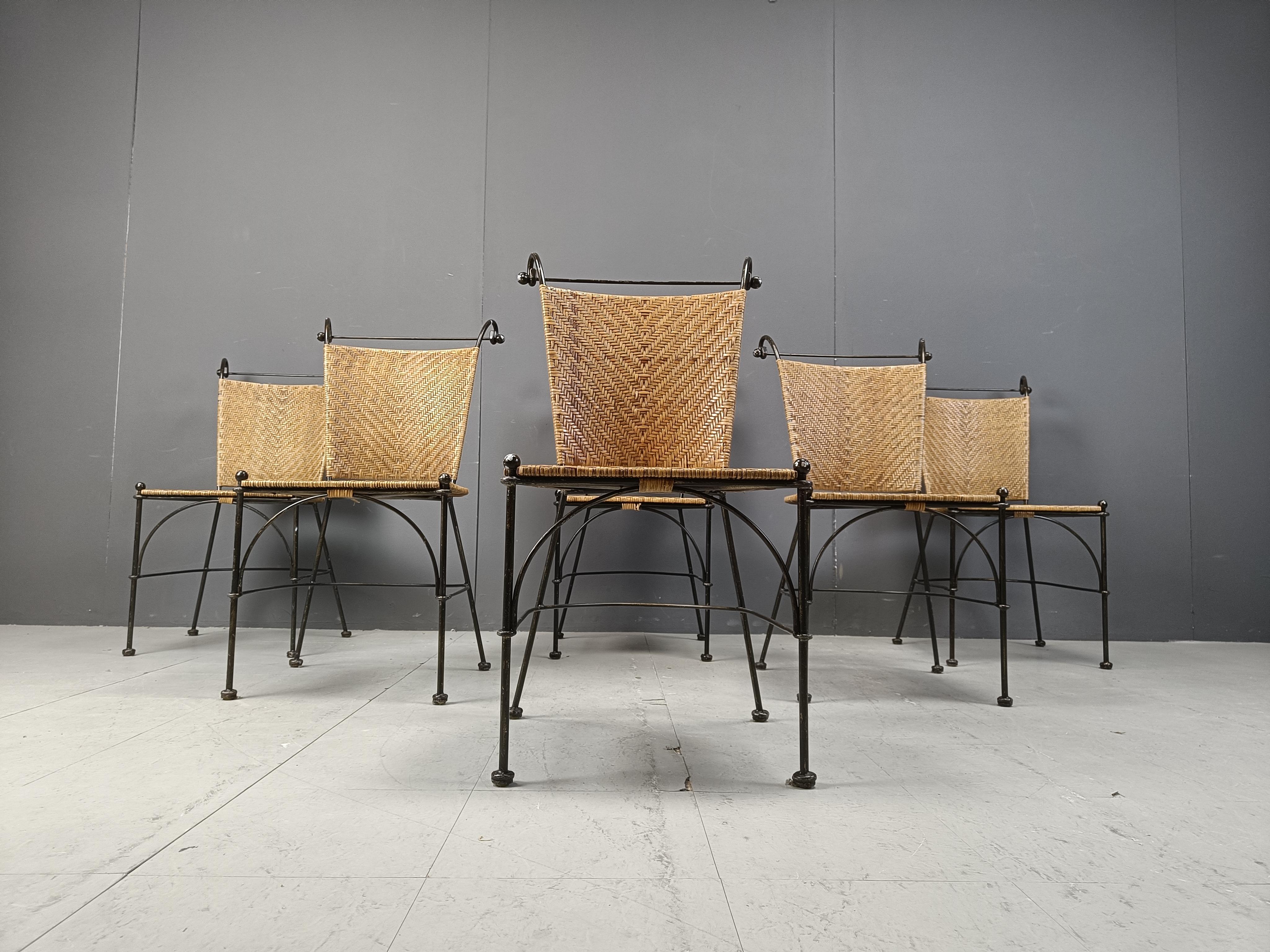 Mid-20th Century Set of 6 wicker and wrought iron bistro chairs, 1960s