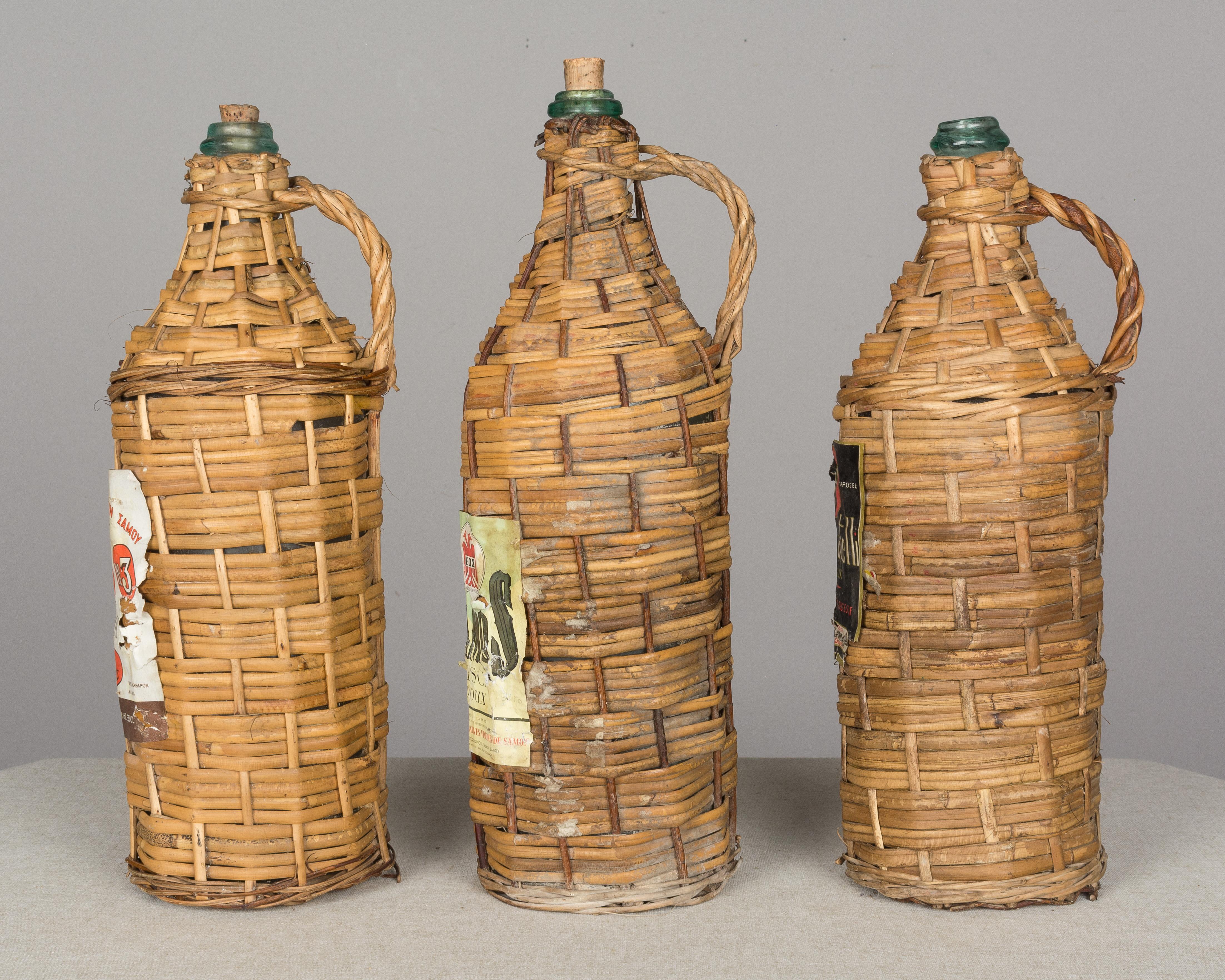 French Set of 6 Wicker Wrapped Glass Bottles