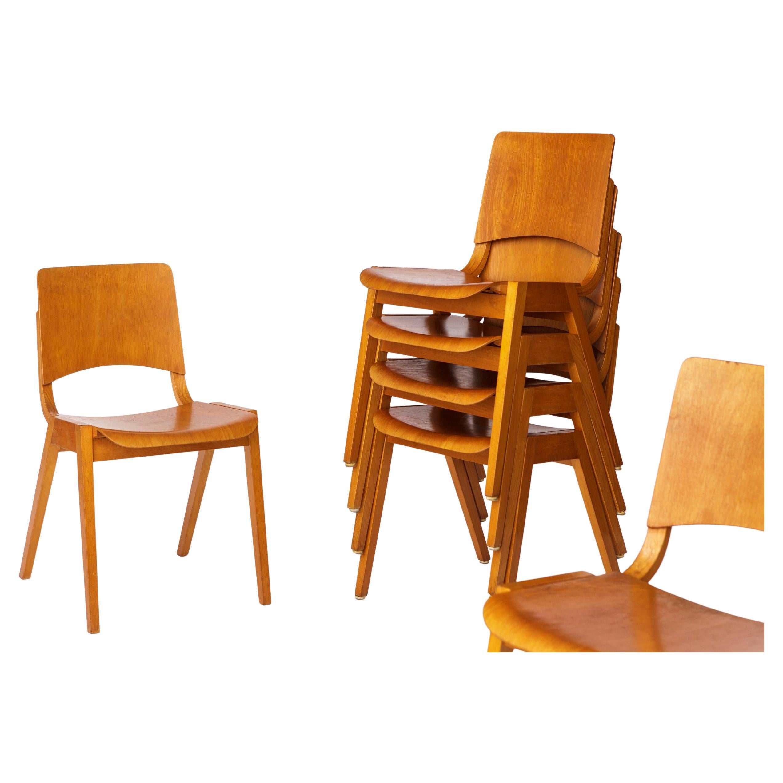 Set of 6 Wilkhahn Stackable Chairs – Beech Wood – Germany 1970s – Vintage Seatin For Sale
