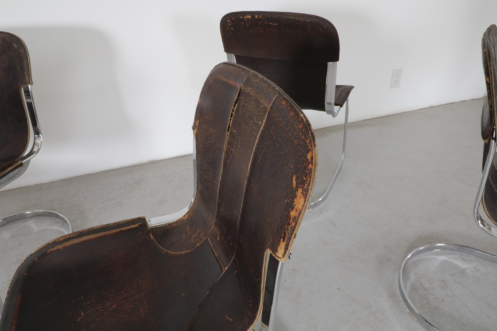 Set of 6 Willy Rizzo Chrome and Brown Leather Cantilever Chairs for Cidue, 1960s For Sale 4
