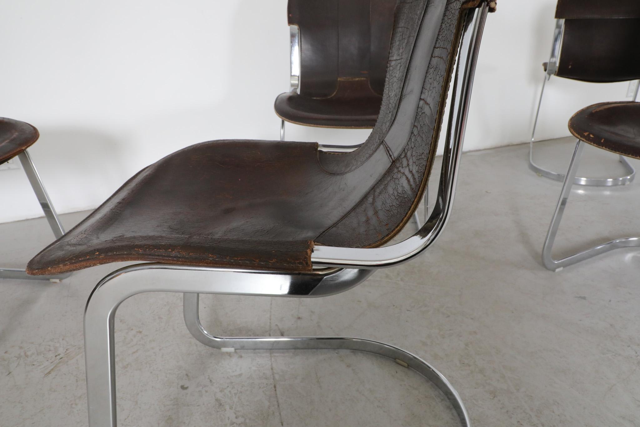 Set of 6 Willy Rizzo Chrome and Brown Leather Cantilever Chairs for Cidue, 1960s For Sale 6