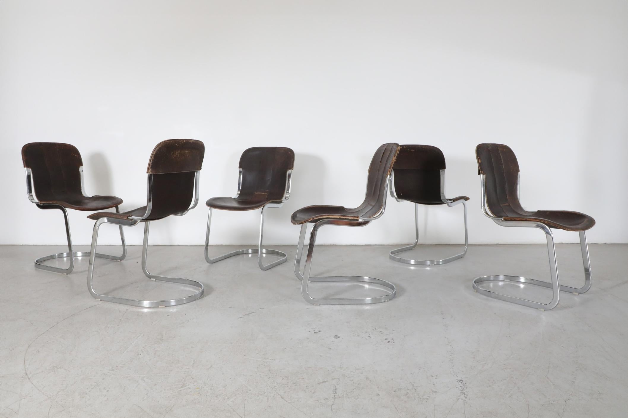 Mid-Century Modern Set of 6 Willy Rizzo Chrome and Brown Leather Cantilever Chairs for Cidue, 1960s For Sale