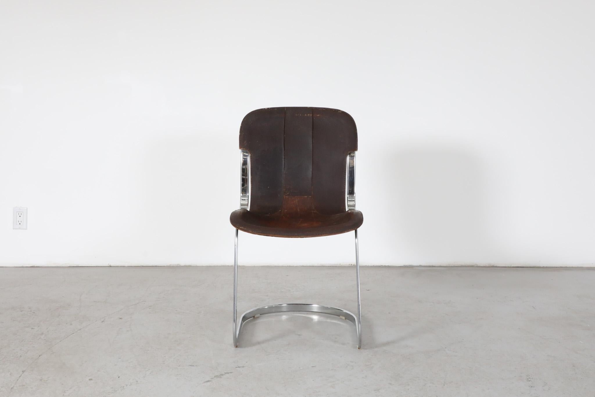 Italian Set of 6 Willy Rizzo Chrome and Brown Leather Cantilever Chairs for Cidue, 1960s