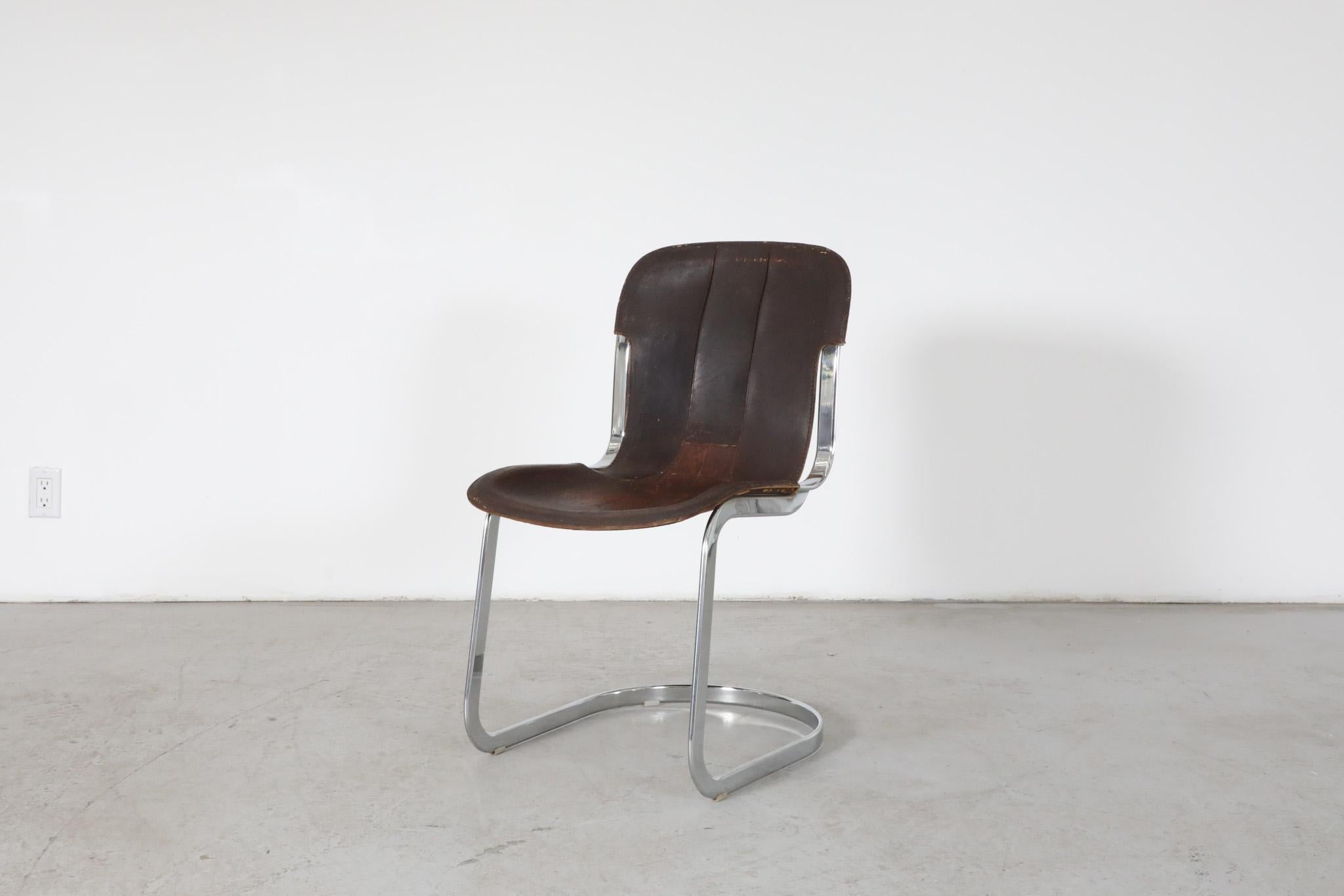 Set of 6 Willy Rizzo Chrome and Brown Leather Cantilever Chairs for Cidue, 1960s In Good Condition For Sale In Los Angeles, CA