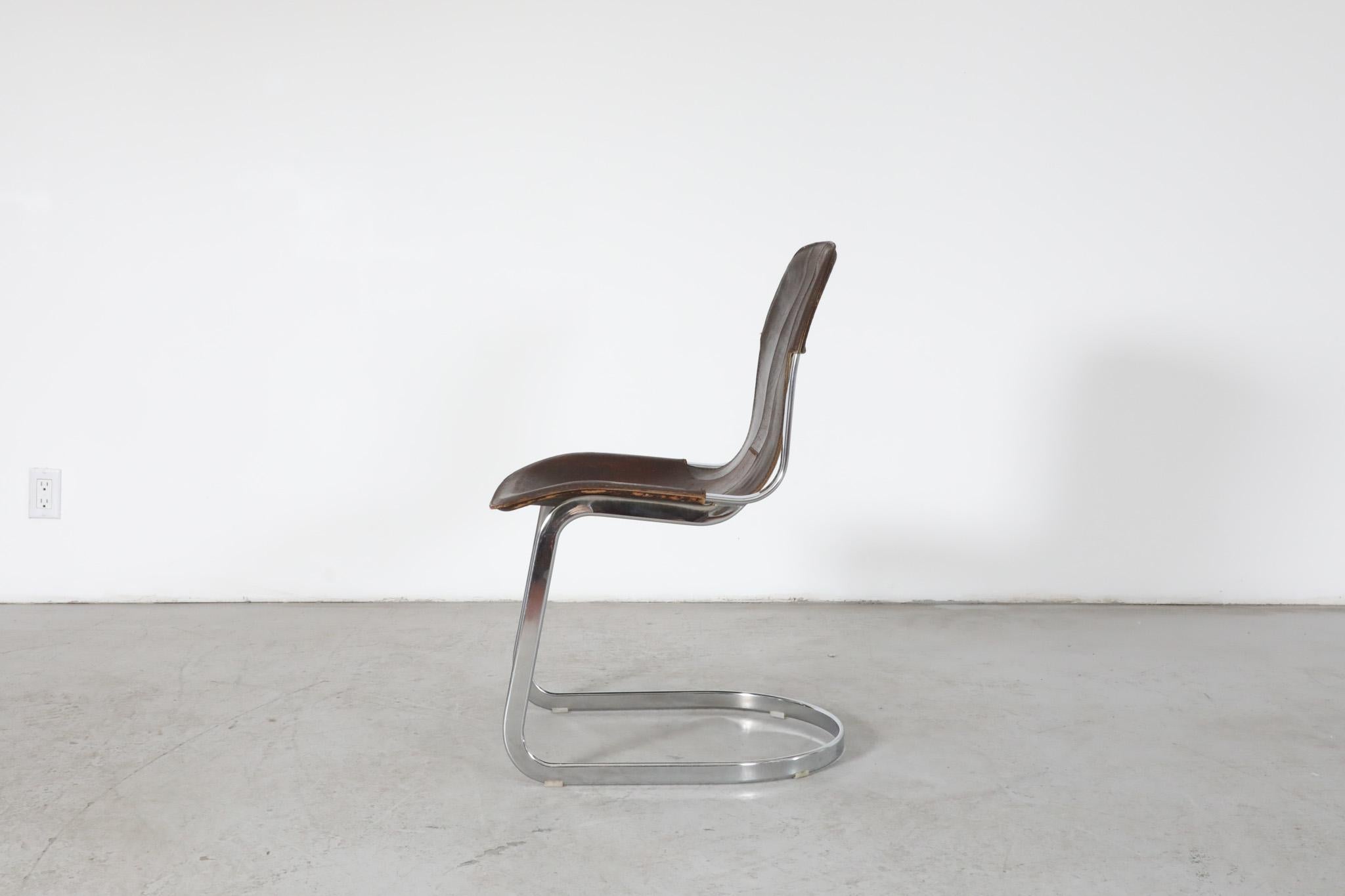 Mid-20th Century Set of 6 Willy Rizzo Chrome and Brown Leather Cantilever Chairs for Cidue, 1960s For Sale