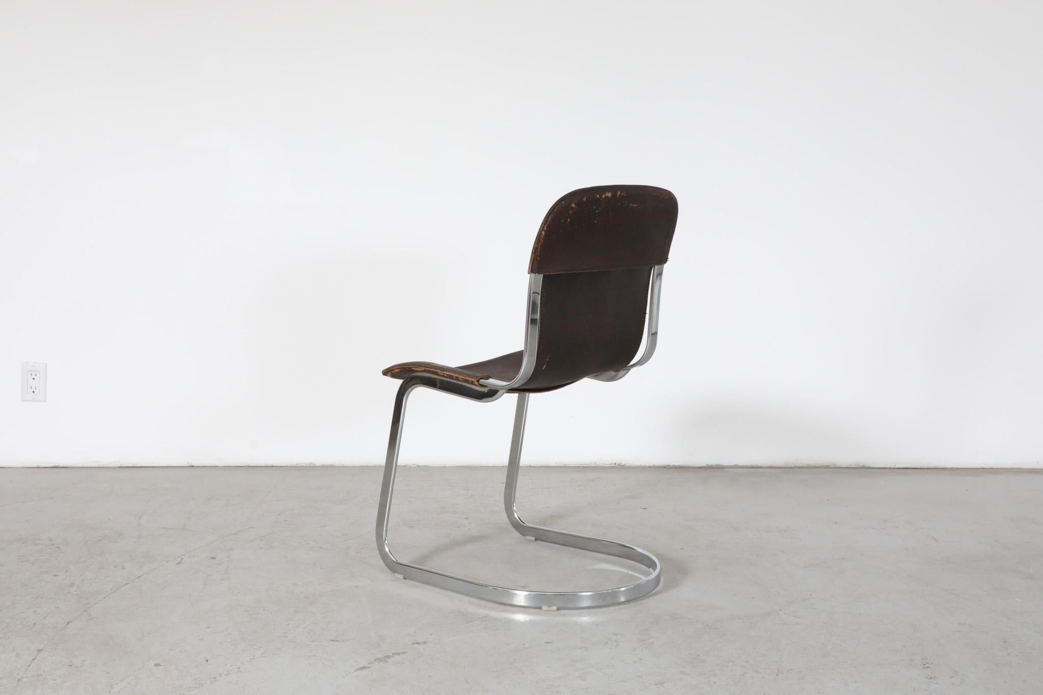 Set of 6 Willy Rizzo Chrome and Brown Leather Cantilever Chairs for Cidue, 1960s 1