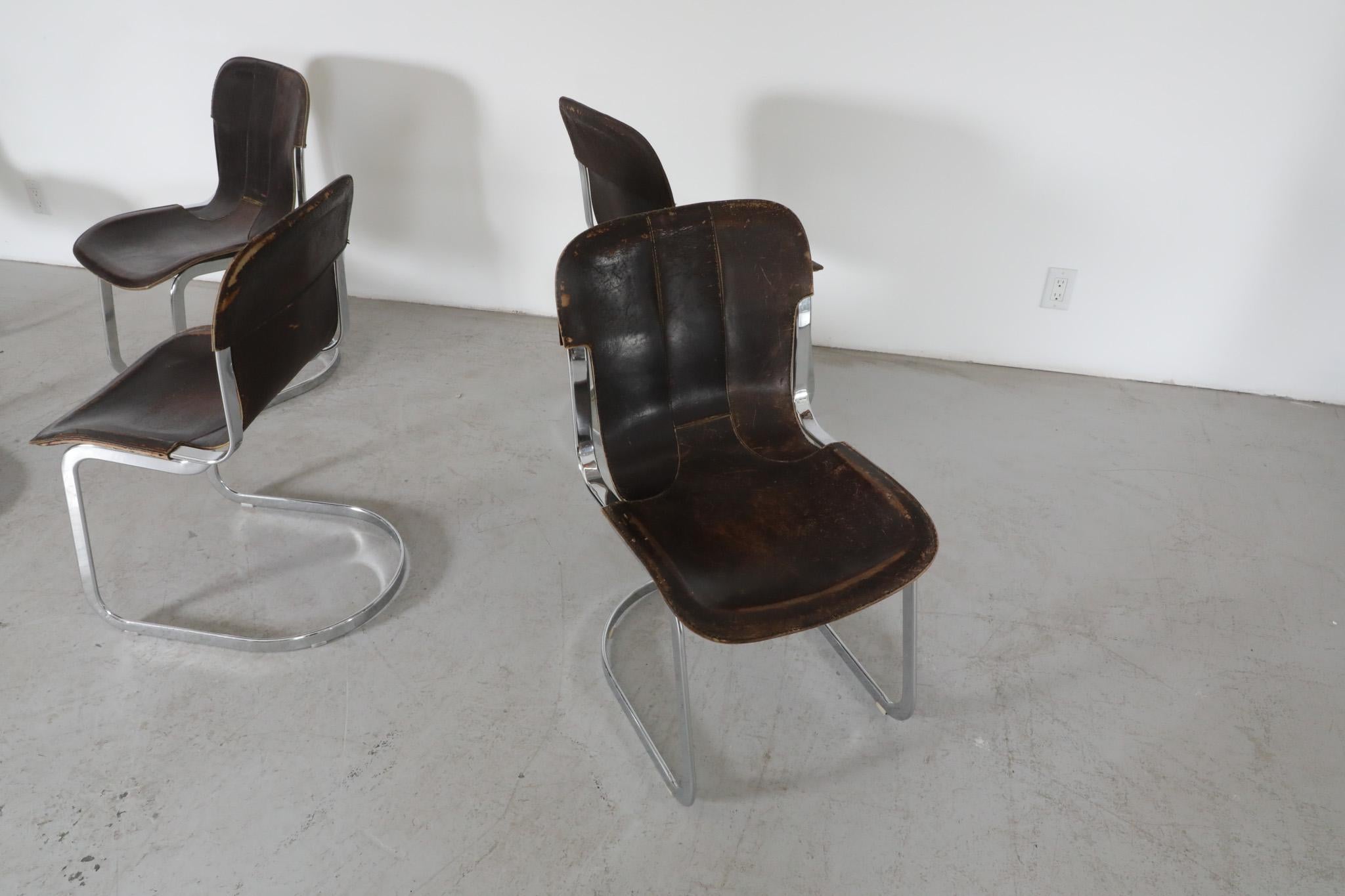 Set of 6 Willy Rizzo Chrome and Brown Leather Cantilever Chairs for Cidue, 1960s 3