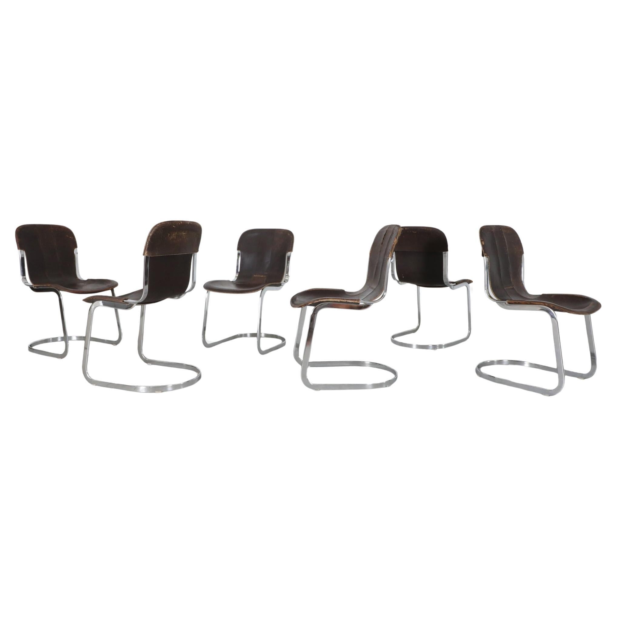 Set of 6 Willy Rizzo Chrome and Leather chairs by for Cidue, 1960s