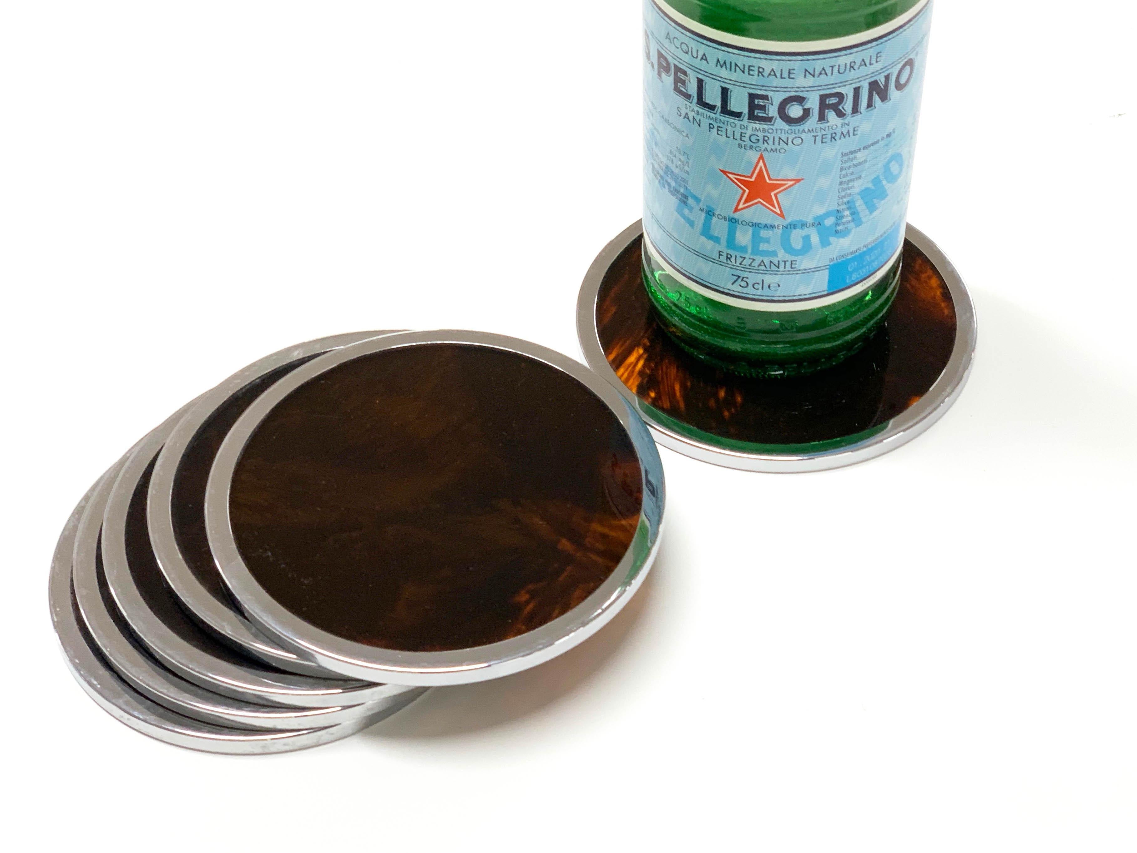 Set of 6 Willy Rizzo Coasters Tortoiseshell Plexiglass and Chrome, Italy, 1970s In Good Condition In Roma, IT