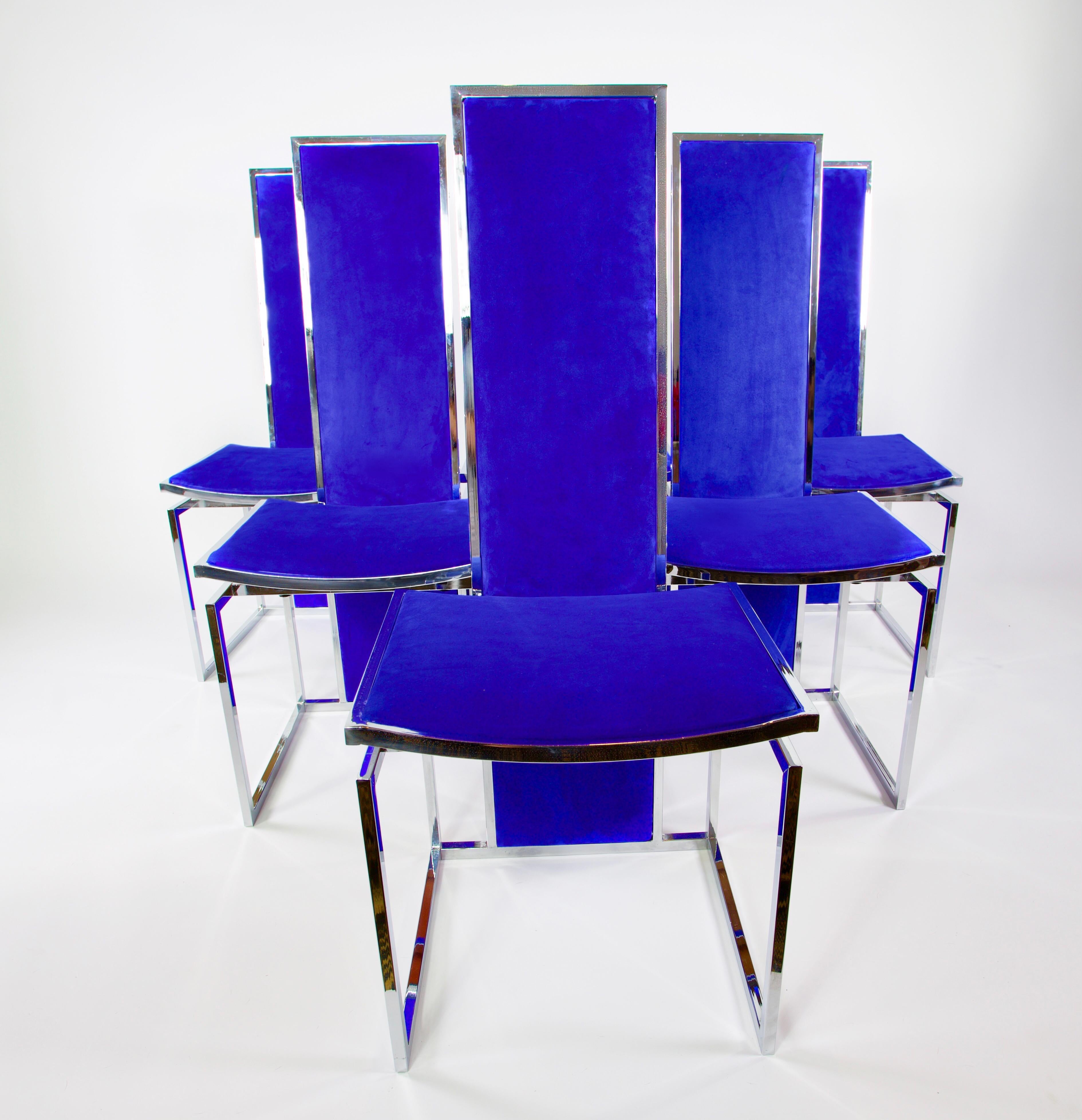 Set of 6 High Back dining Chairs. Each chair is like a piece of art. Reupholstered in a cobalt blue suede. Manufactured by La Metal Arredo, Paderno D. Milano.

