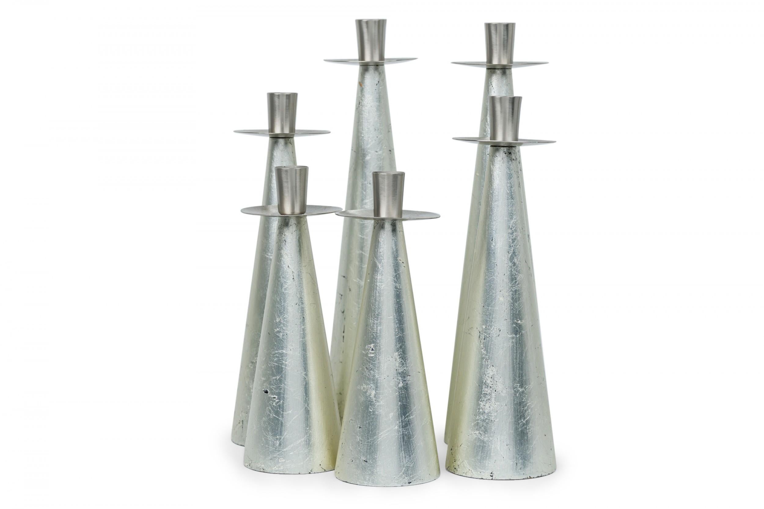 SET of 6 midcentury American wood and silver leaf candlesticks with brushed silver metal removable bobeches. (WILSON\'s CARMEL) (PRICED AS SET).