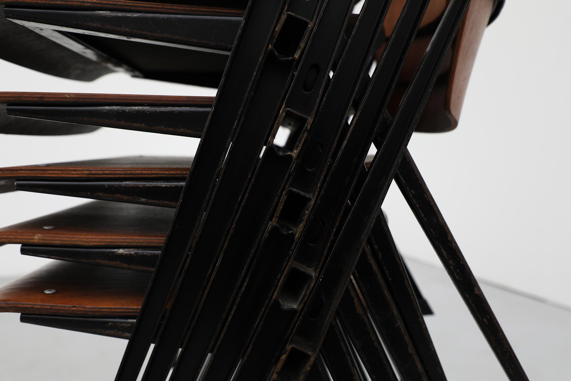 Set of 6 Wim Rietveld Pyramid Stacking Chairs in Teak with Black Metal  Frame For Sale 13