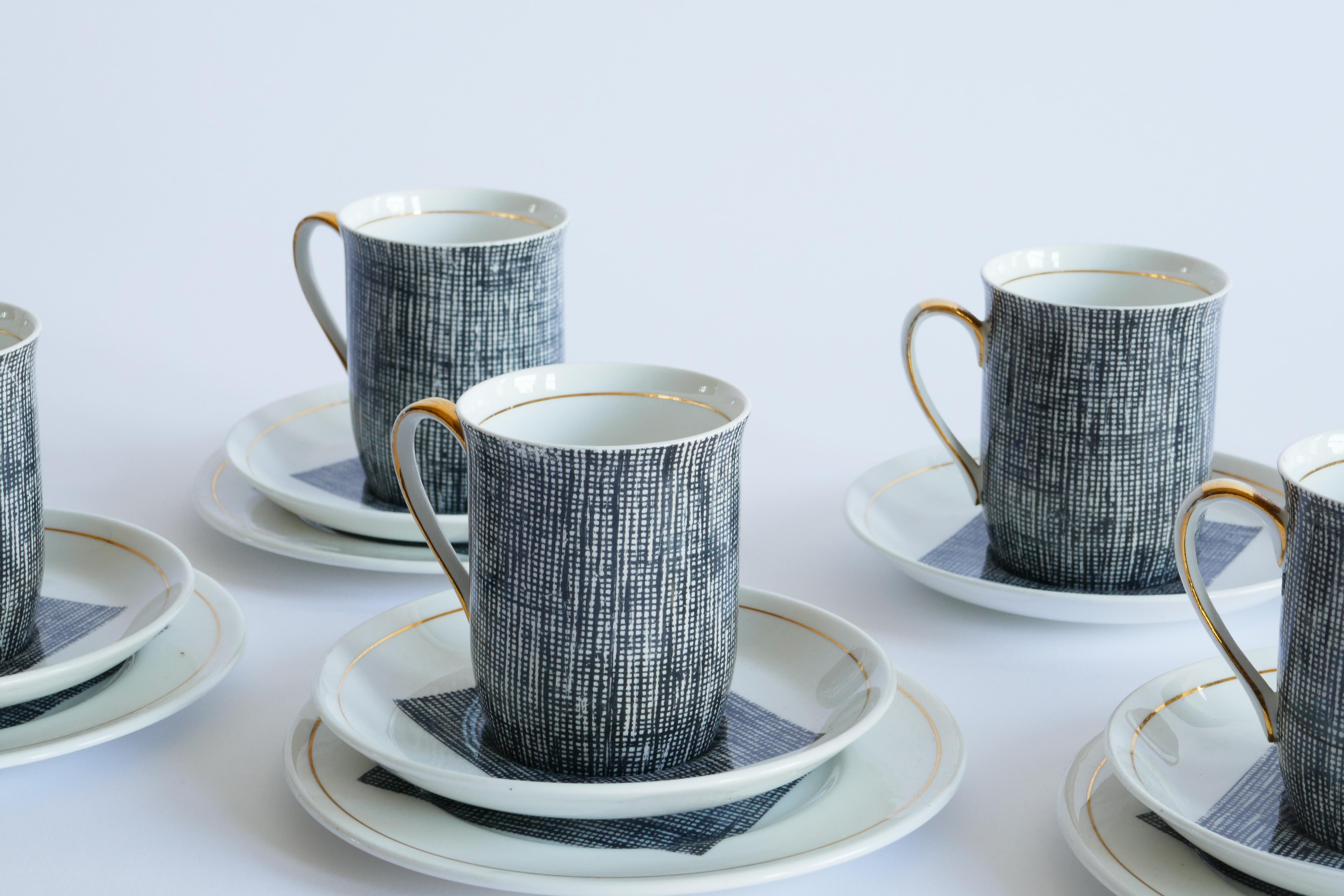 Mid-Century Modern Set of 6 Windsor Bone China Coffee Cups with Saucers and Dessert Plates, UK 1966