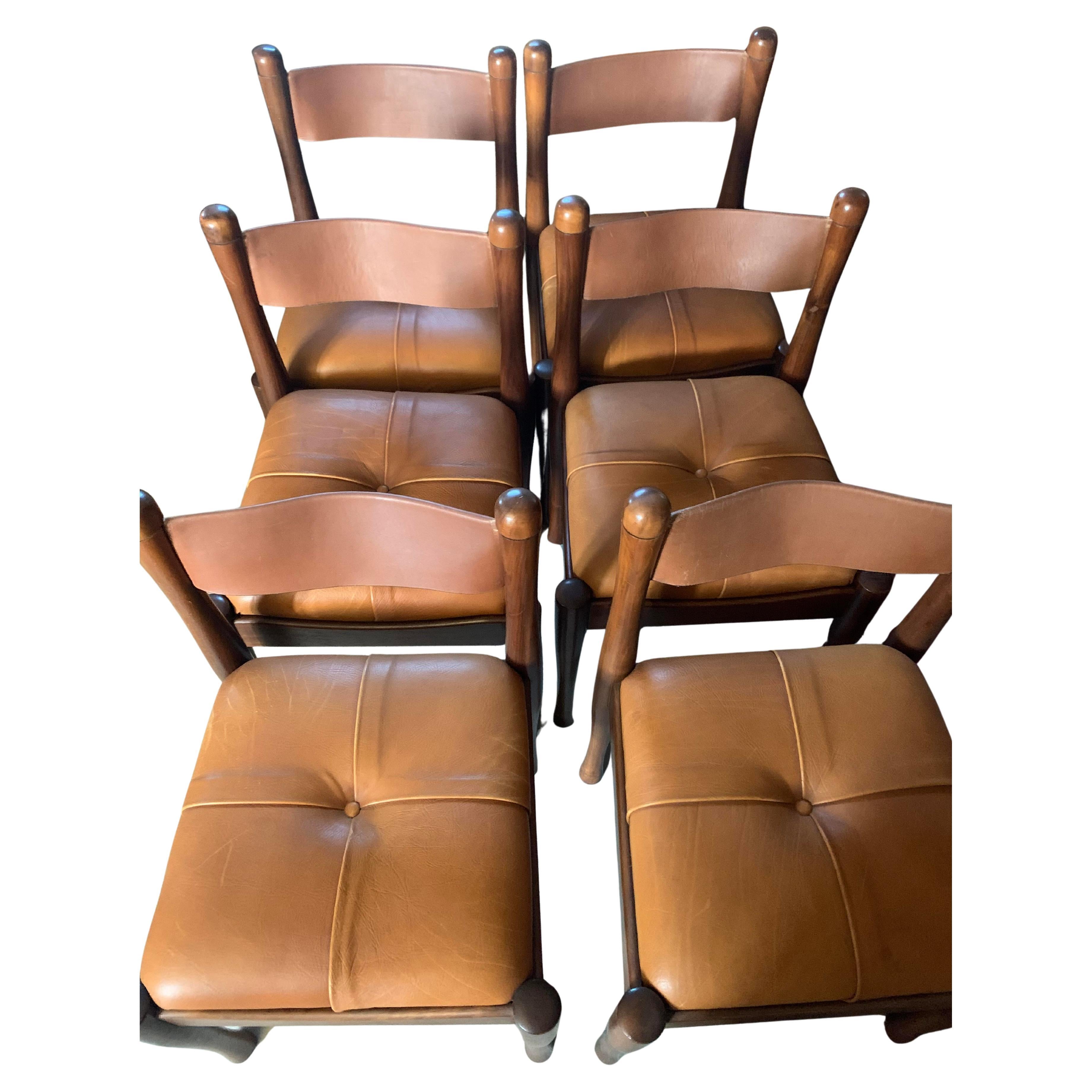 Set of 6 wood and cognac leather chairs by S. Coppola for Bernini, Italy '70