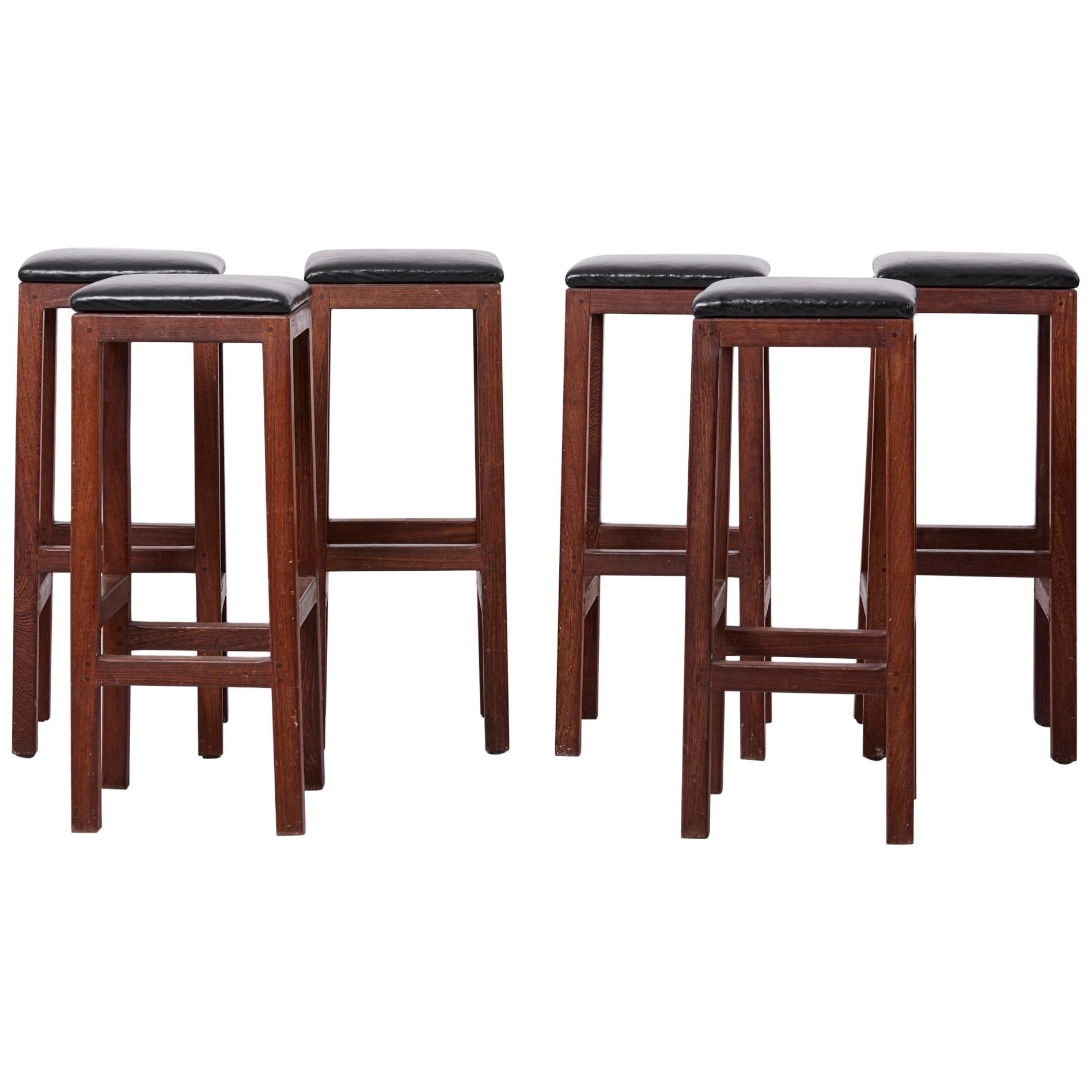 Set of 6 Wood and Leather Mid-Century Modern Barstools, 1960s