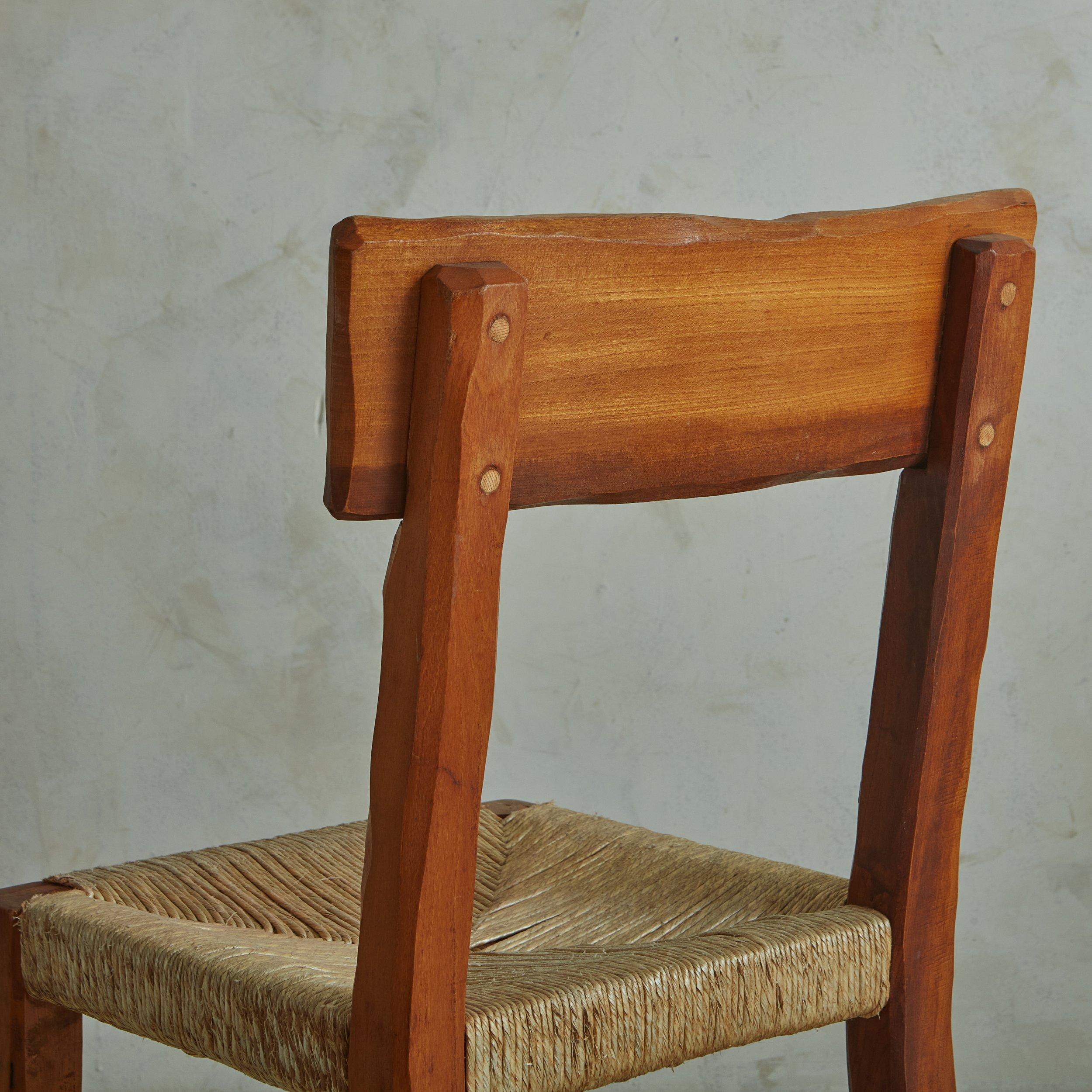 Set of 6 Wood + Rush Dining Chairs in the Style of Pierre Chapo, France 1970s For Sale 4