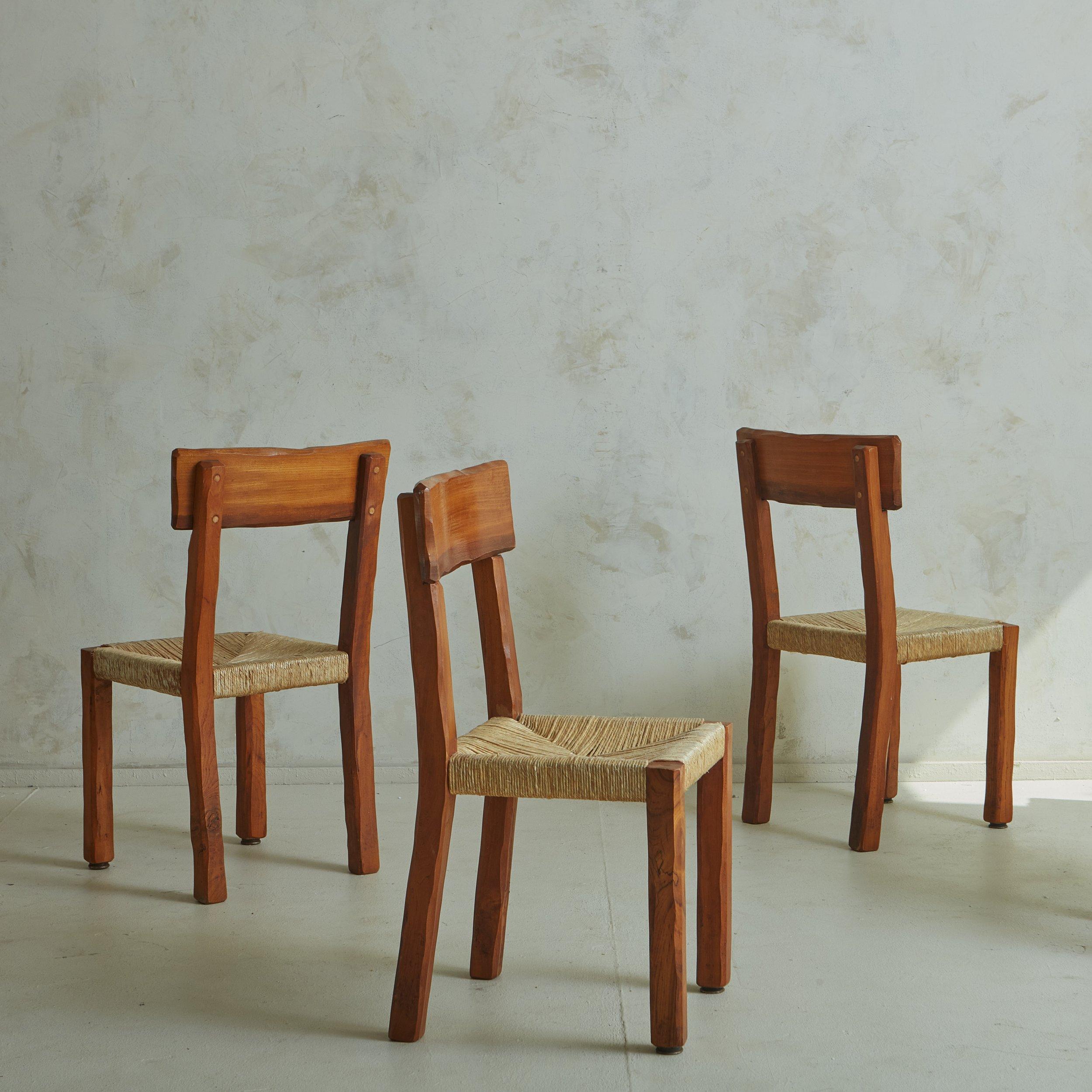 Mid-Century Modern Set of 6 Wood + Rush Dining Chairs in the Style of Pierre Chapo, France 1970s For Sale