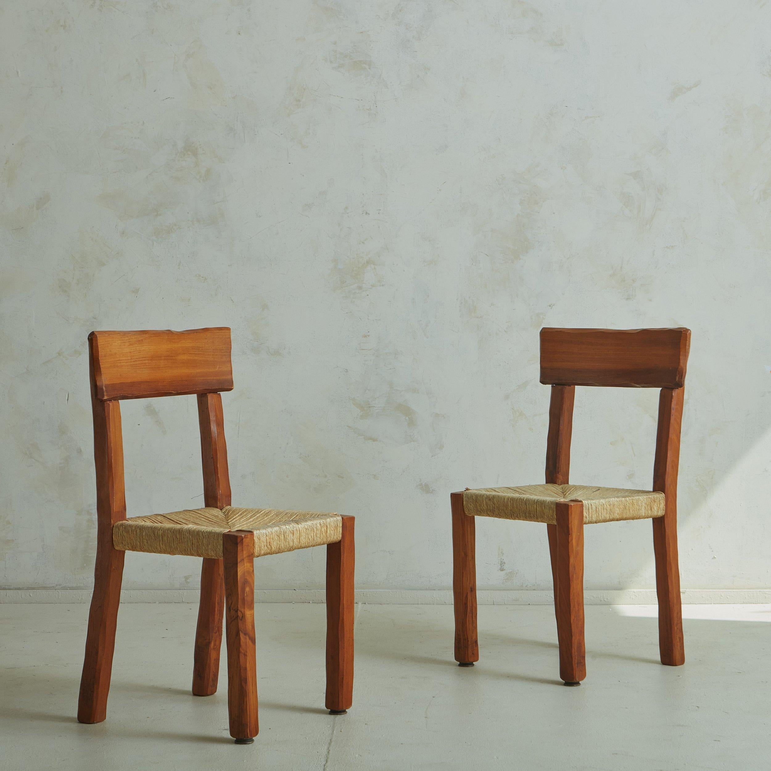 French Set of 6 Wood + Rush Dining Chairs in the Style of Pierre Chapo, France 1970s For Sale